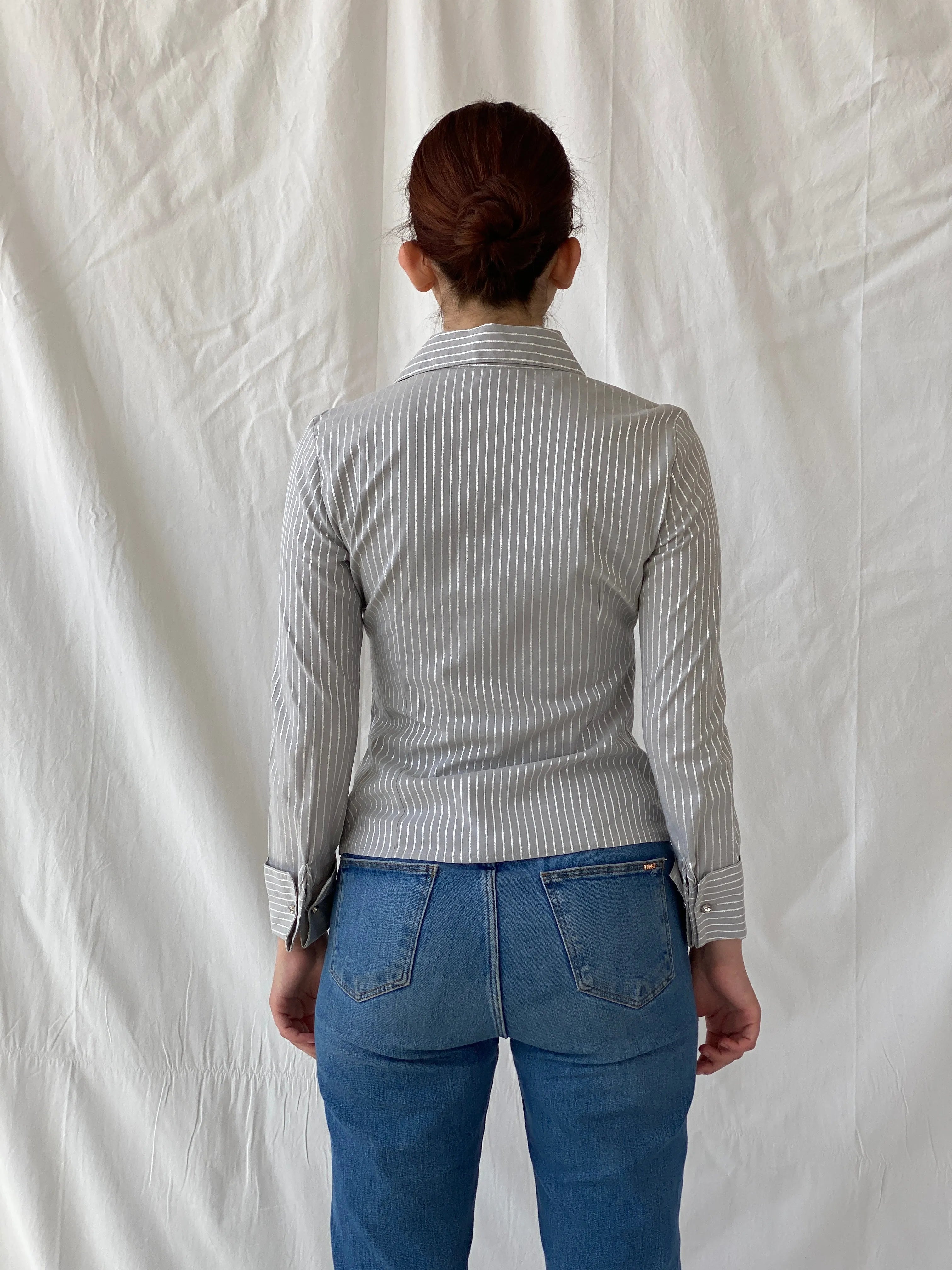 Y2K Vero Moda Gray Full Sleeve Striped Office Core Shirt - S - Balagan Vintage Full Sleeve Shirt Ayah, full sleeve shirt, Office core, shirt, women shirt