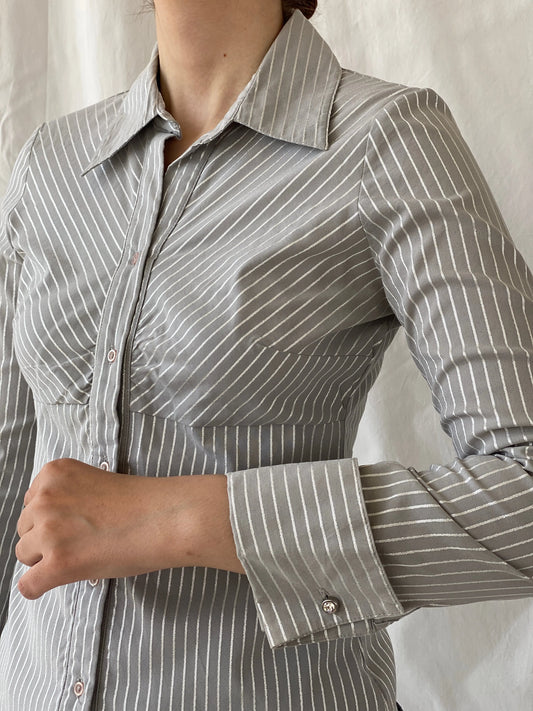 Y2K Vero Moda Gray Full Sleeve Striped Office Core Shirt - S - Balagan Vintage Full Sleeve Shirt Ayah, full sleeve shirt, Office core, shirt, women shirt