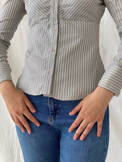 Y2K Vero Moda Gray Full Sleeve Striped Office Core Shirt - S - Balagan Vintage Full Sleeve Shirt Ayah, full sleeve shirt, Office core, shirt, women shirt