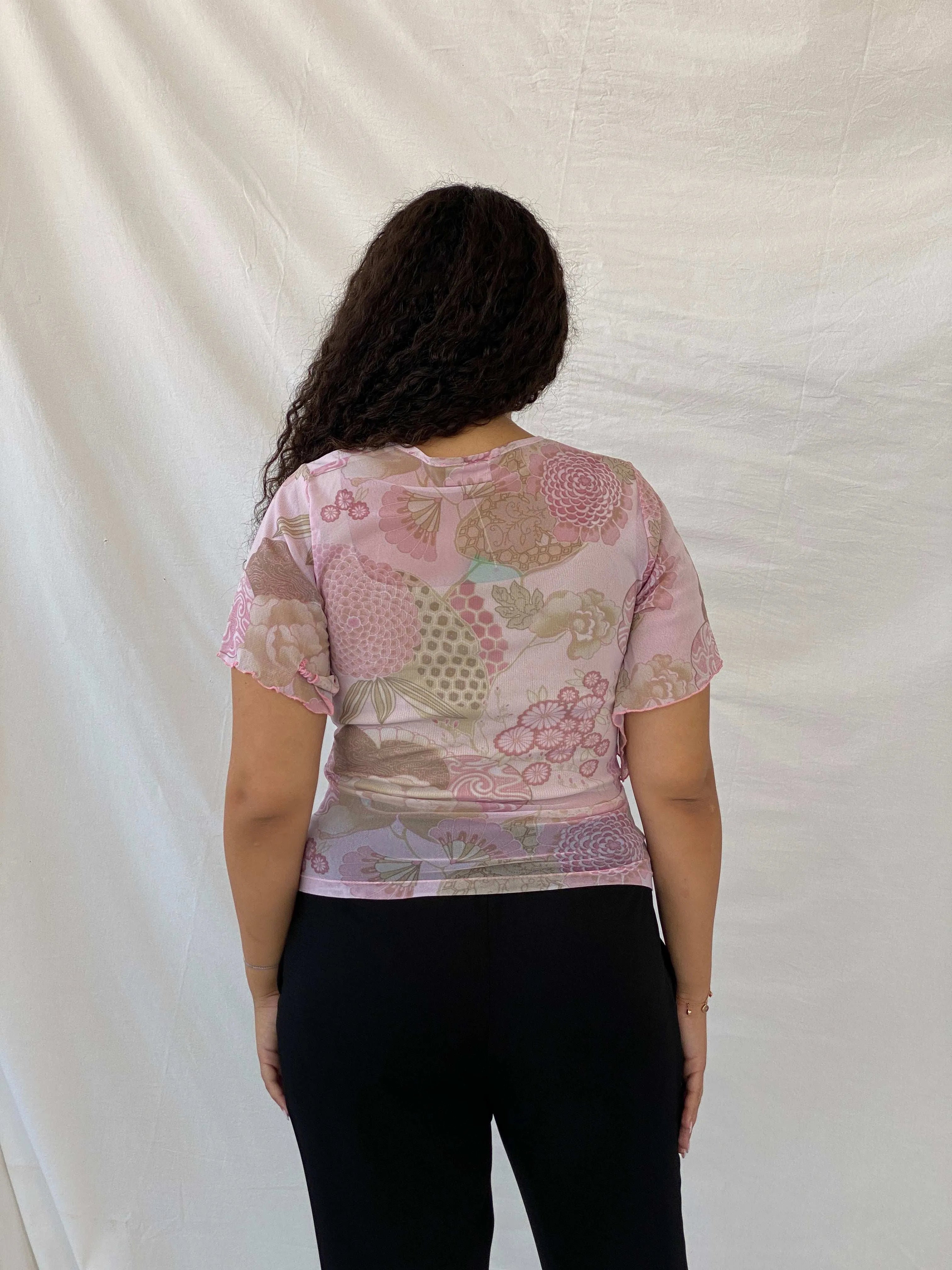 Y2K Wallis Floral Mesh Pink Half-Sleeve Top - L - Balagan Vintage Half Sleeve Top 00s, 90s, Dina, floral top, mesh, mesh top