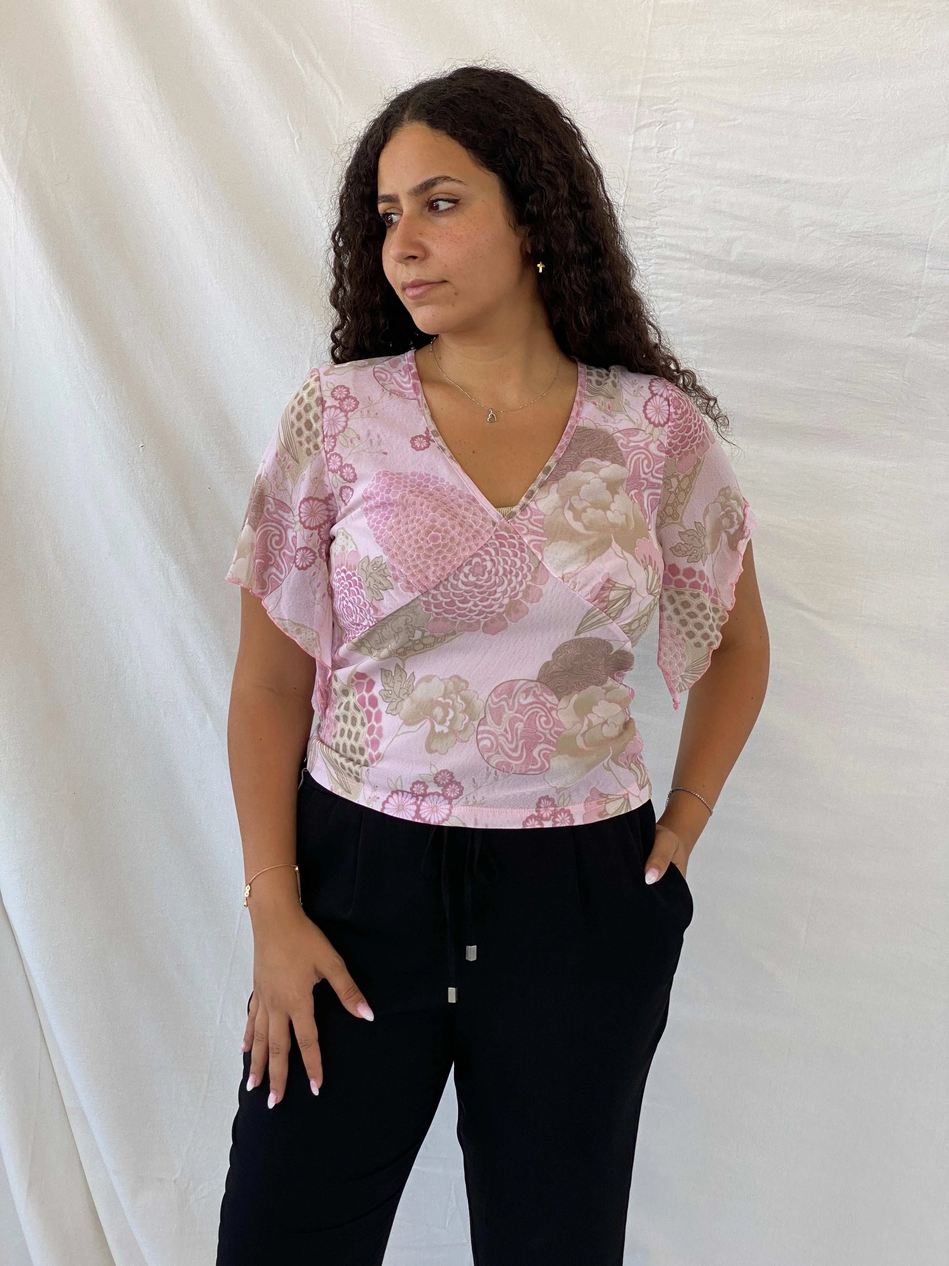 Y2K Wallis Floral Mesh Pink Half-Sleeve Top - L - Balagan Vintage Half Sleeve Top 00s, 90s, Dina, floral top, mesh, mesh top