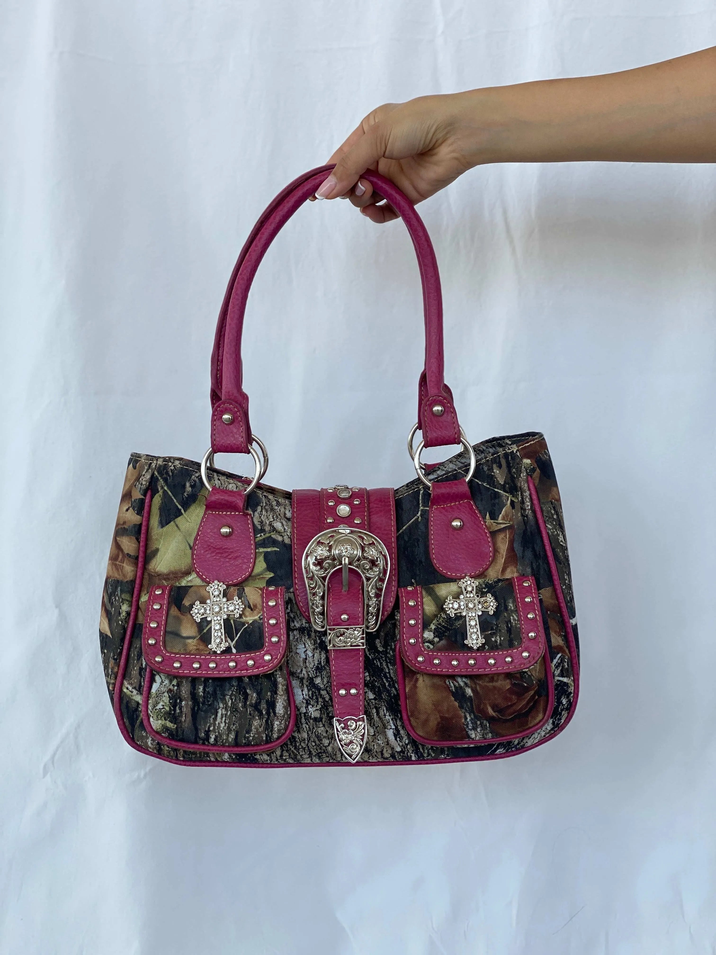Y2K Western Pink Camouflage Rhinestone Buckled Shoulder Bag - Balagan Vintage Shoulder Bag beaded bag, shoulder bag, Y2K