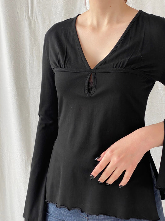 Y2K Wonder Woman for Cool Cat Black Flare Long Sleeve Top - M - Balagan Vintage Full Sleeve Top 00s, 90s, Ayah, consignment, Danadabbas, sheer, winter, women top