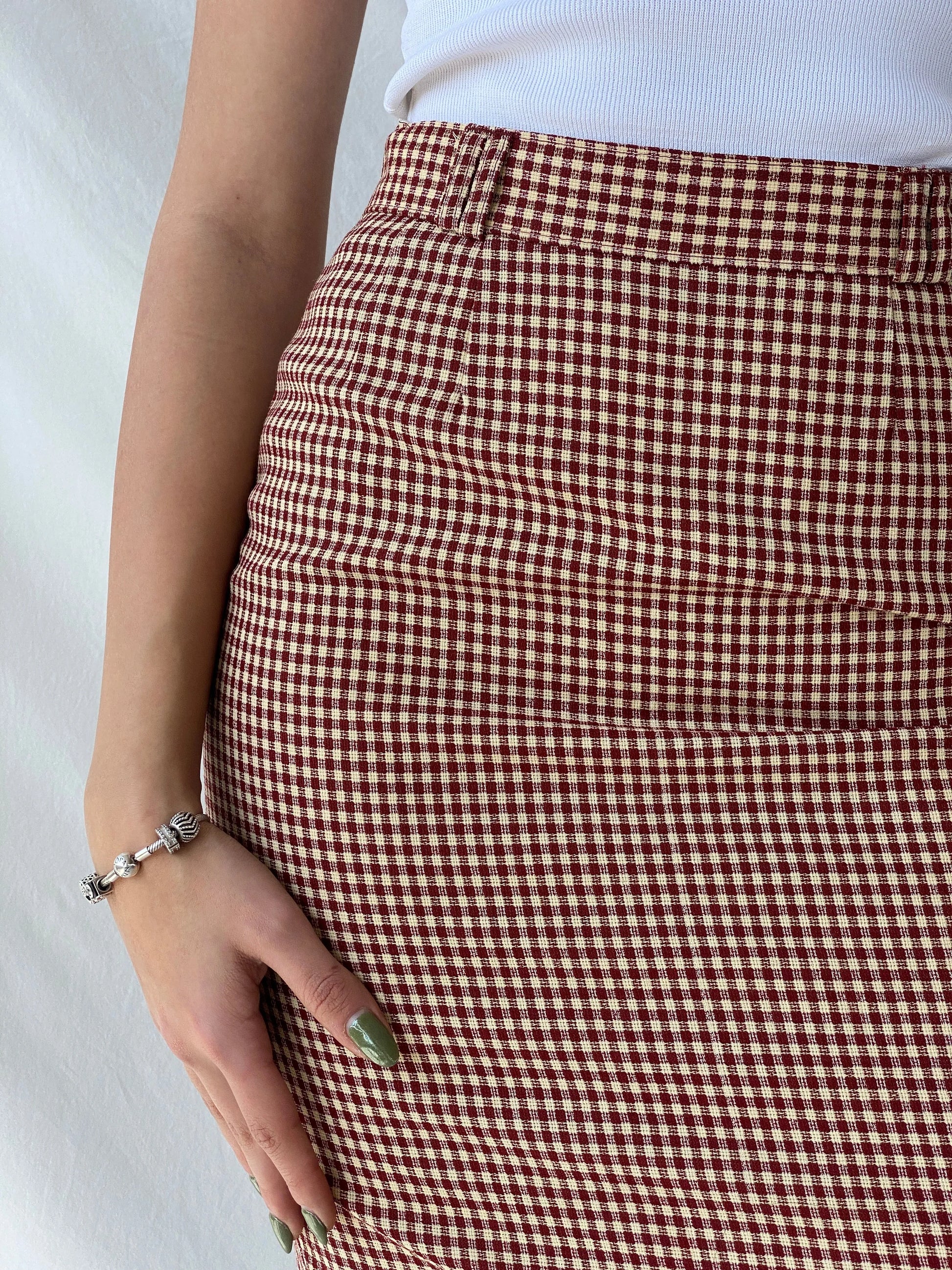 Y2K Wool Plaid Women’s Pencil Red & Beige Midi Skirt - M - Balagan Vintage Midi Skirt 00s, midi skirt, Office core, Syntia, winter