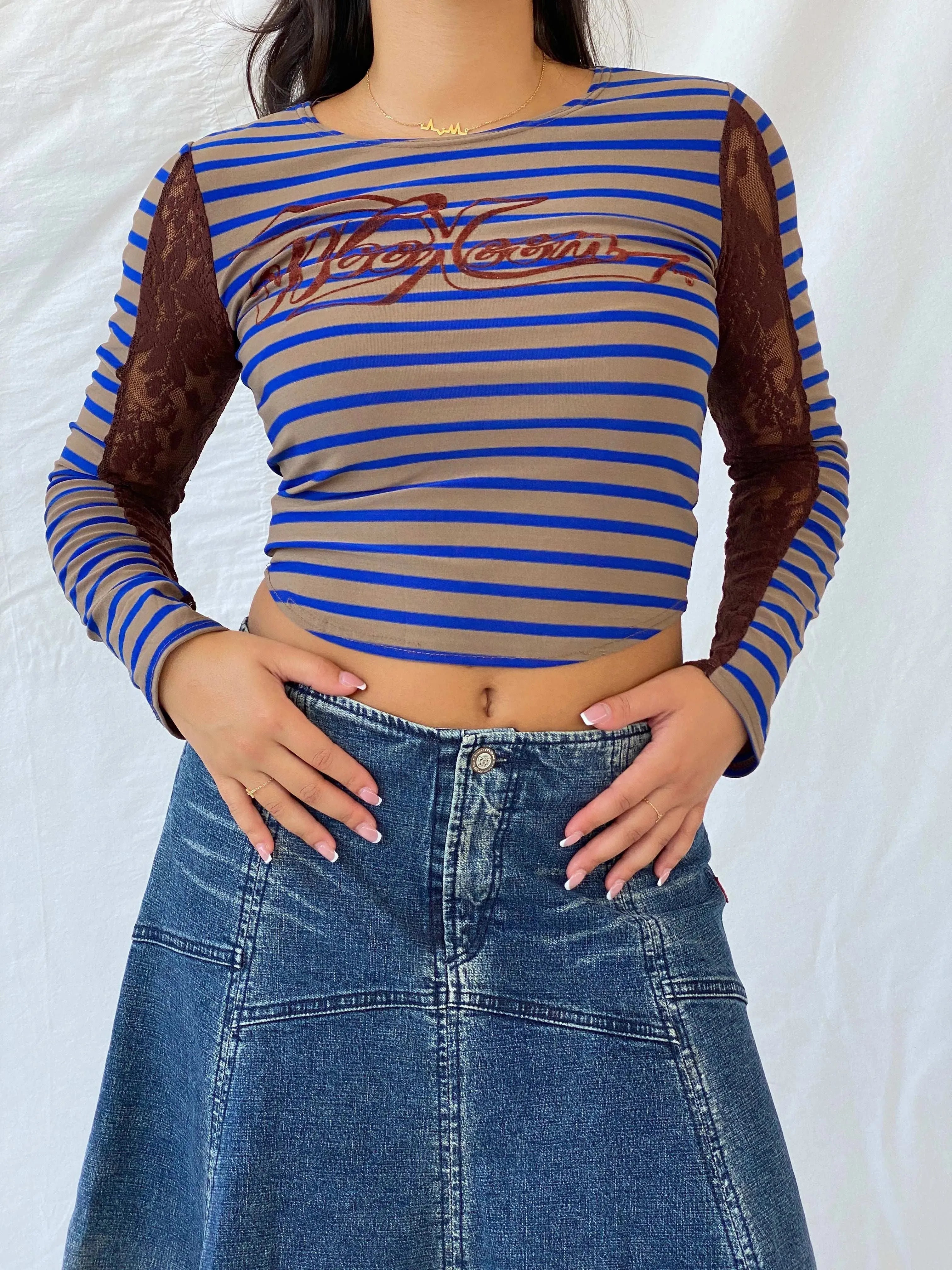 Y2K WooXooM Paris Designer Striped Top with Lace Details - S - Balagan Vintage Full Sleeve Top 00s, geometric print, Lana, mesh, mesh top, Y2K