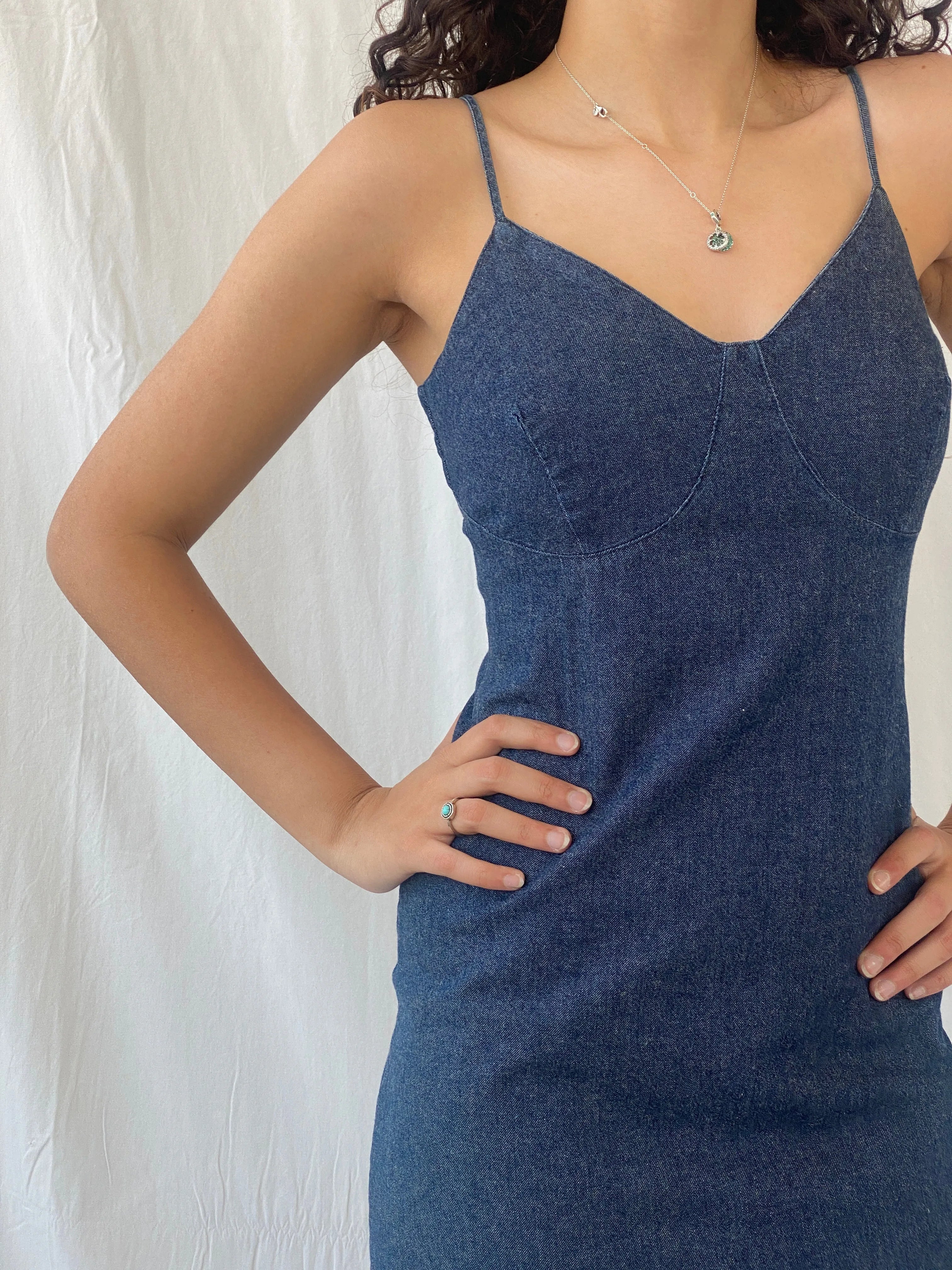 Y2k WPÏ Waipaï Fitted Short Spaghetti Strap Denim Dress - S - Balagan Vintage Midi Dress 00s dress, Celine, denim, denim dress, dress, midi dress, Y2K dress