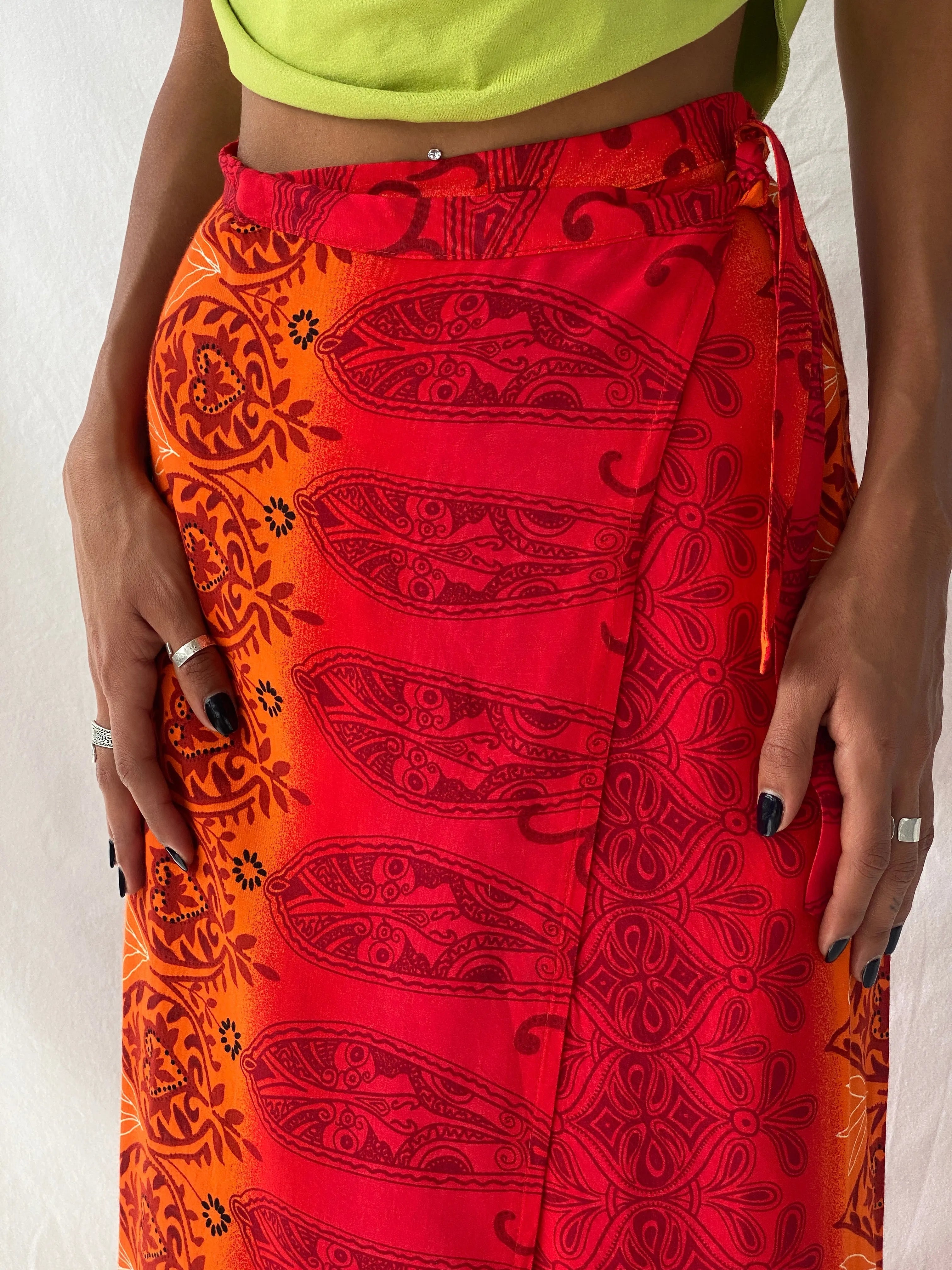 Y2K Wrap Maxi Red & Orange Floral Print Skirt - S - Balagan Vintage Maxi Skirt 00s, floral, maxi skirt, summer, Tojan, wrap skirt