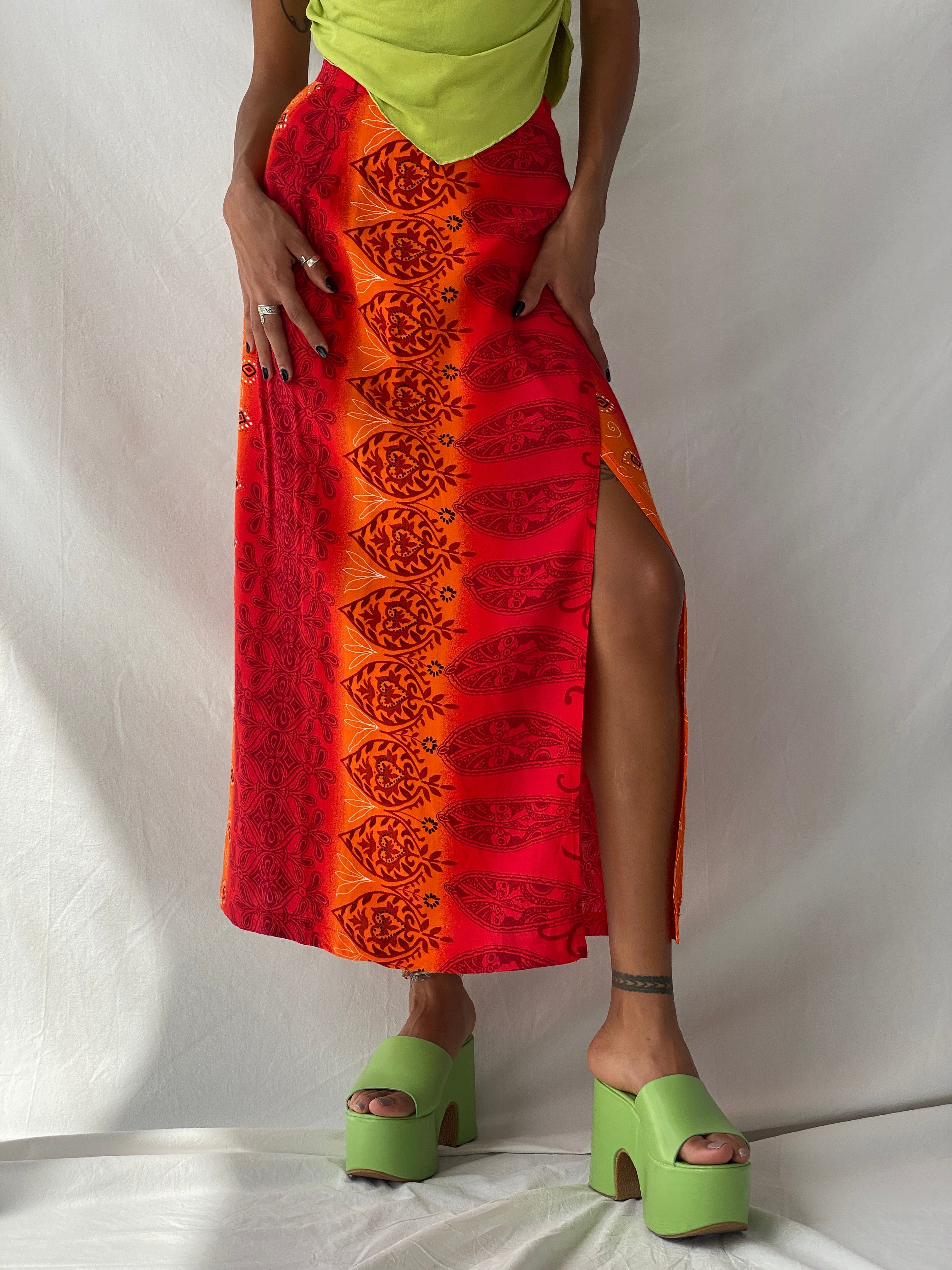 Y2K Wrap Maxi Red & Orange Floral Print Skirt - S - Balagan Vintage Maxi Skirt 00s, floral, maxi skirt, NEW IN, summer, Tojan, wrap skirt