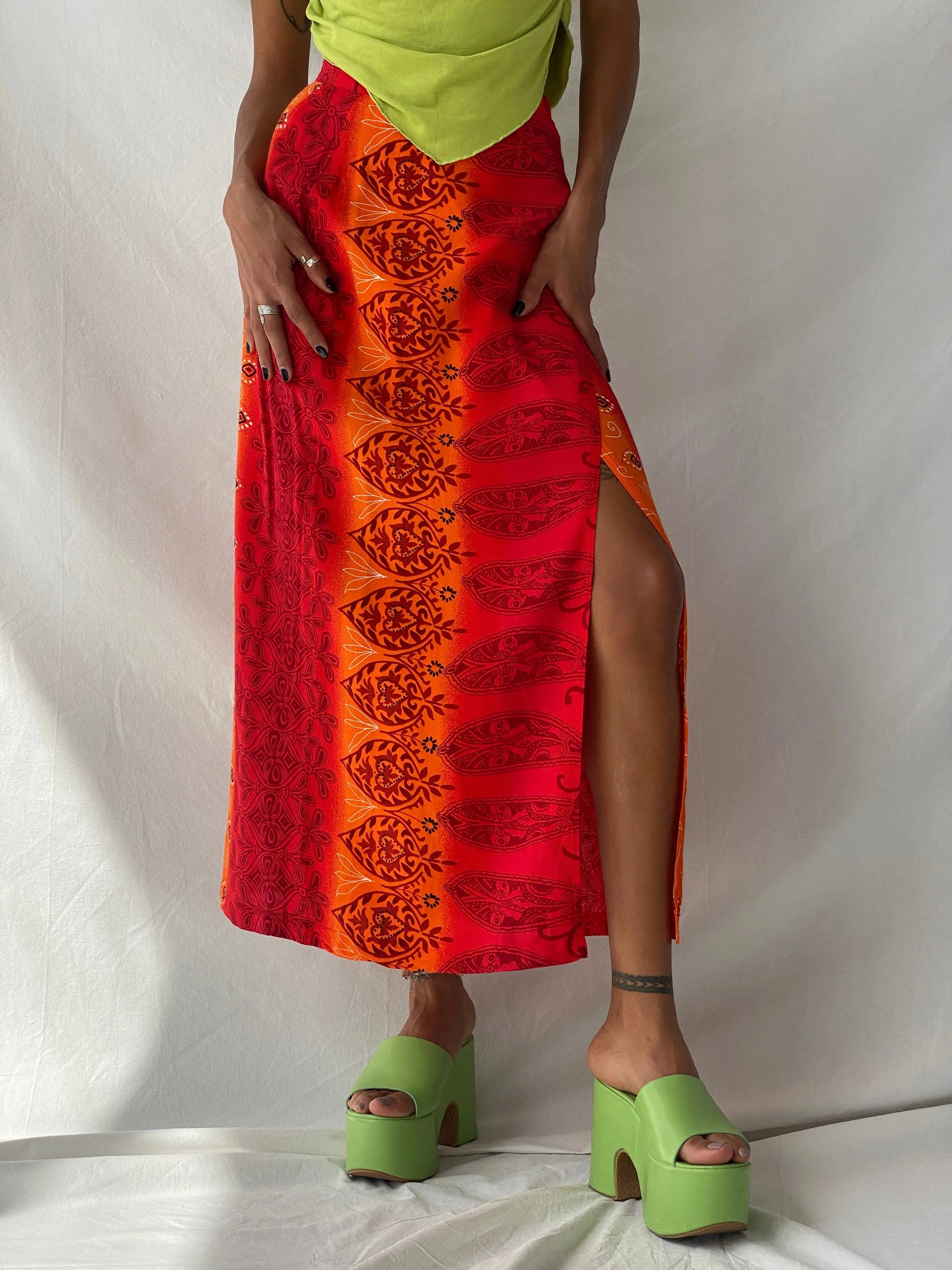 Y2K Wrap Maxi Red & Orange Floral Print Skirt - S - Balagan Vintage Maxi Skirt 00s, floral, maxi skirt, summer, Tojan, wrap skirt
