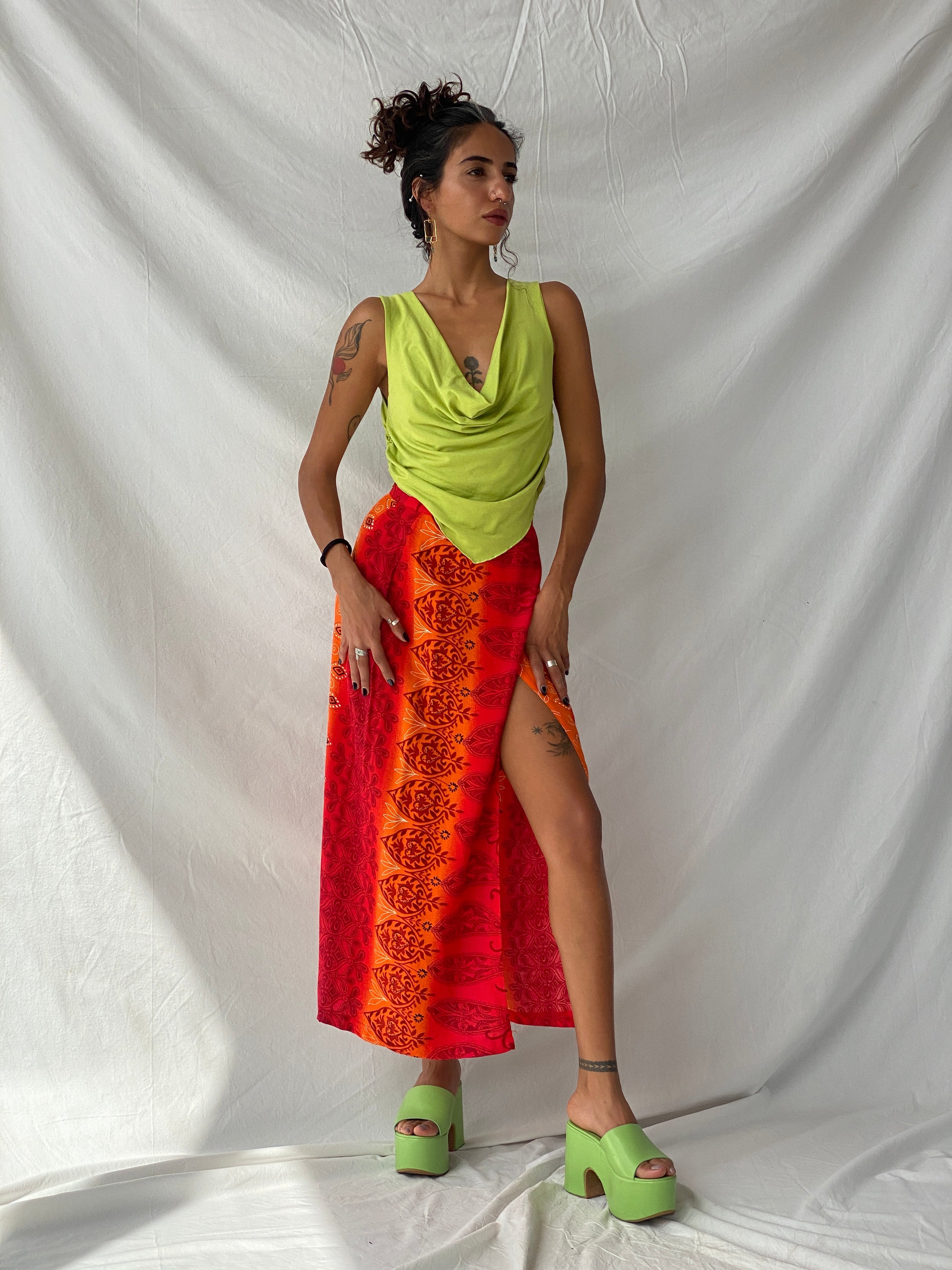 Y2K Wrap Maxi Red & Orange Floral Print Skirt - S - Balagan Vintage Maxi Skirt 00s, floral, maxi skirt, NEW IN, summer, Tojan, wrap skirt