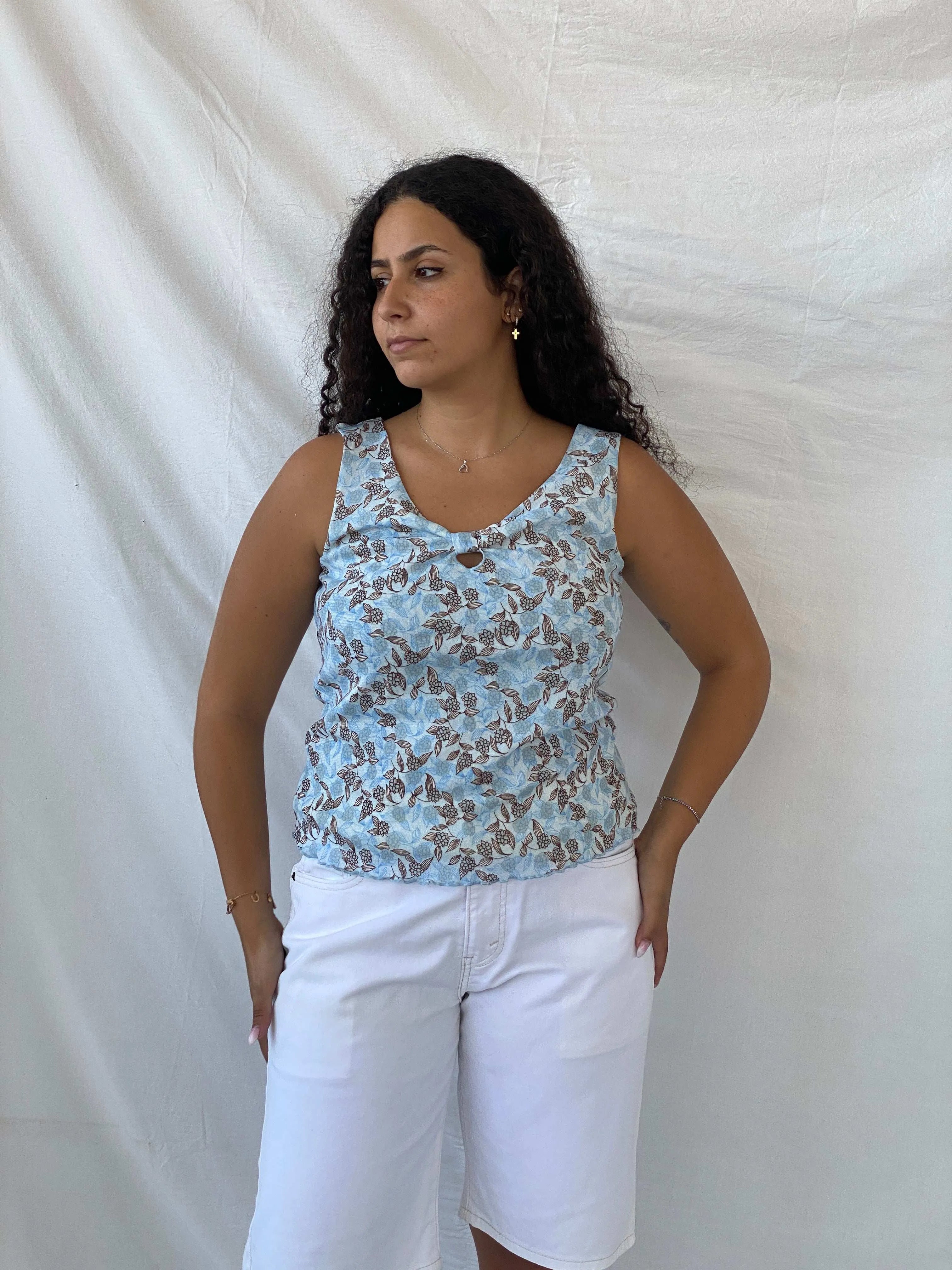 Y2K Xhilaration Blue Floral Mesh Top - L - Balagan Vintage Sleeveless Top 00s, 90s, Dina, mesh, mesh top