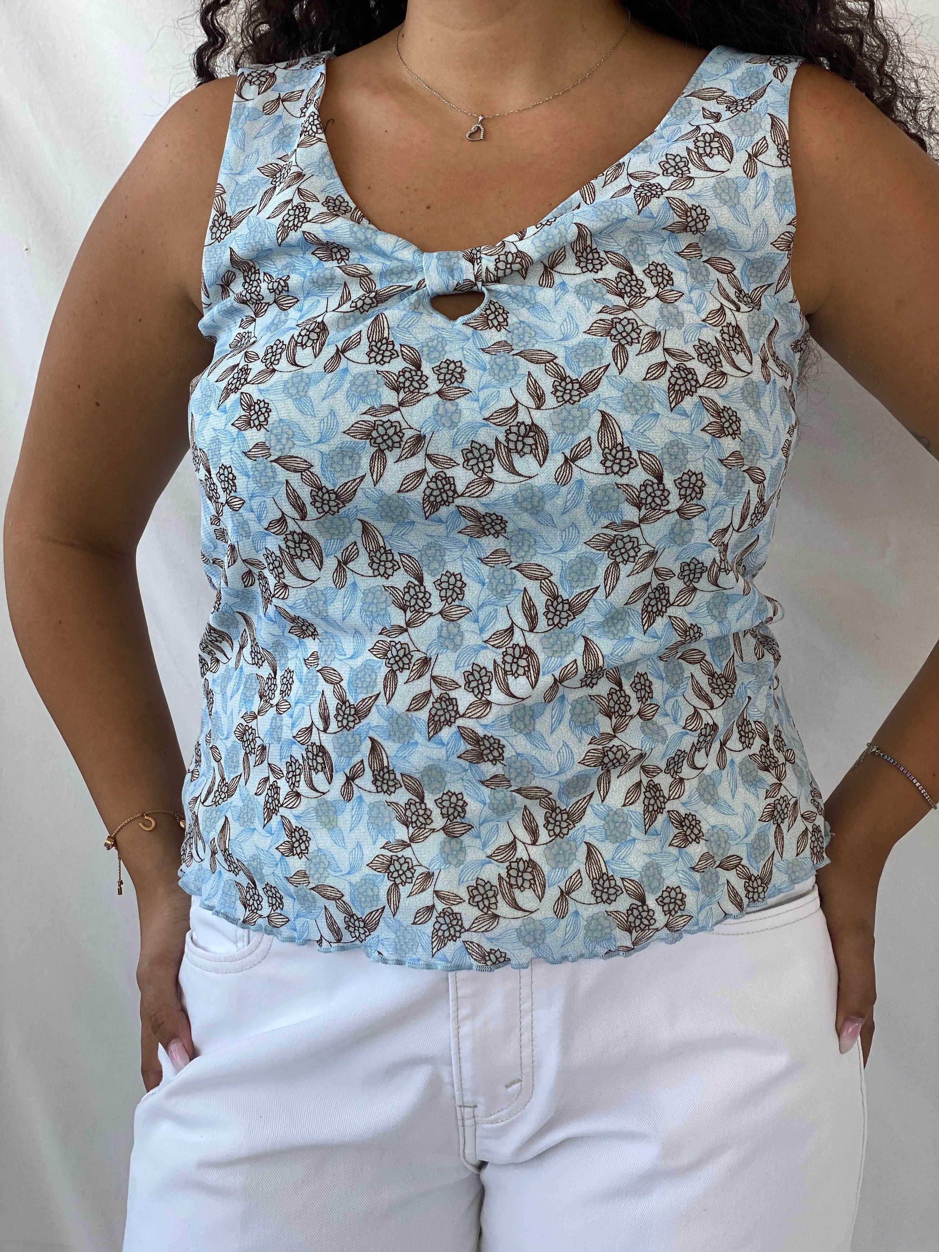 Y2K Xhilaration Blue Floral Mesh Top - L - Balagan Vintage Sleeveless Top 00s, 90s, Dina, mesh, mesh top