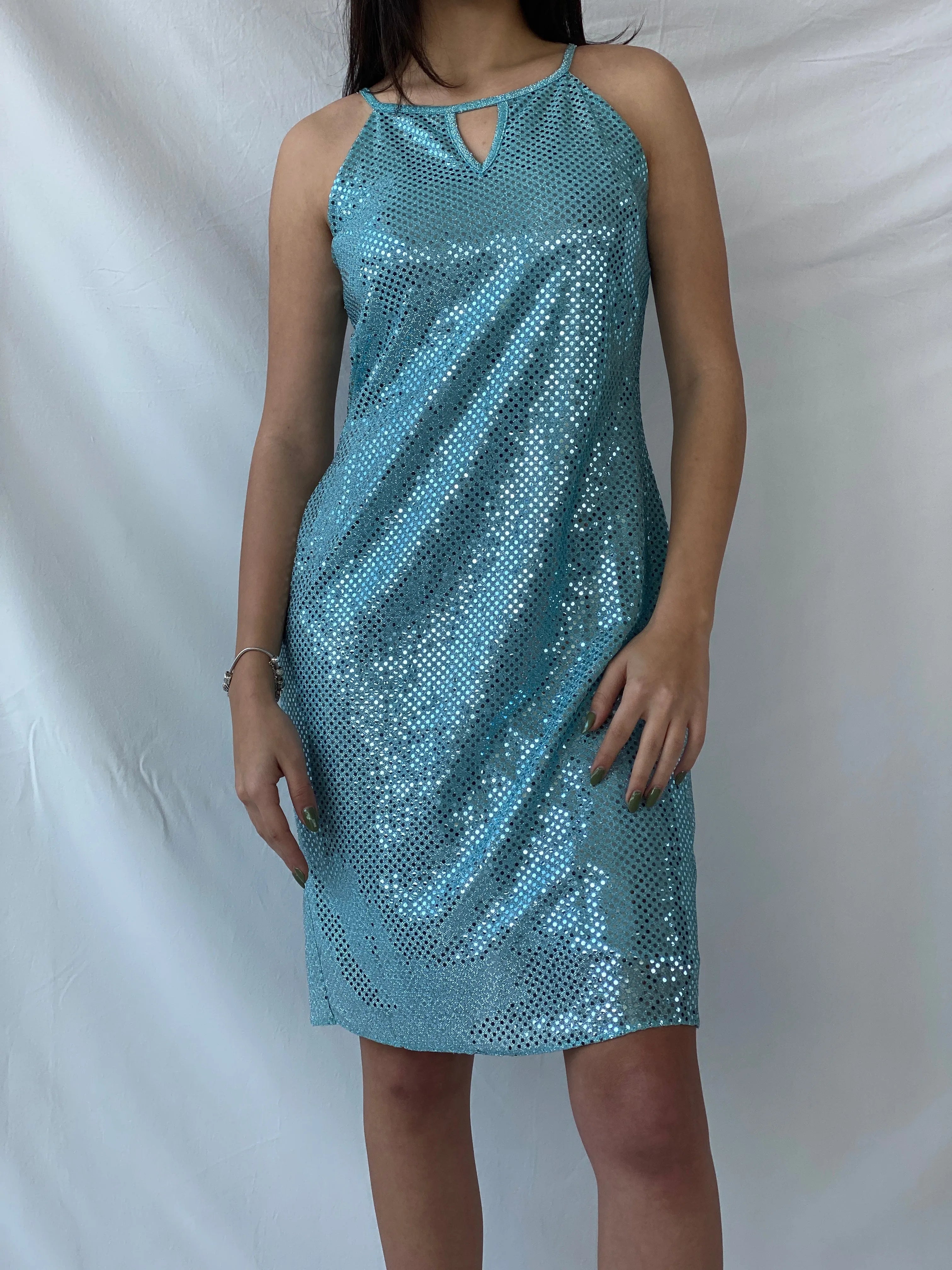 Y2K Yessica Metallic Teal Sequin A-Line Midi Dress - M - Balagan Vintage Midi Dress 00s dress, consignment, Dana, dress, midi dress, Syntia, vintage dress, Wedding Guest