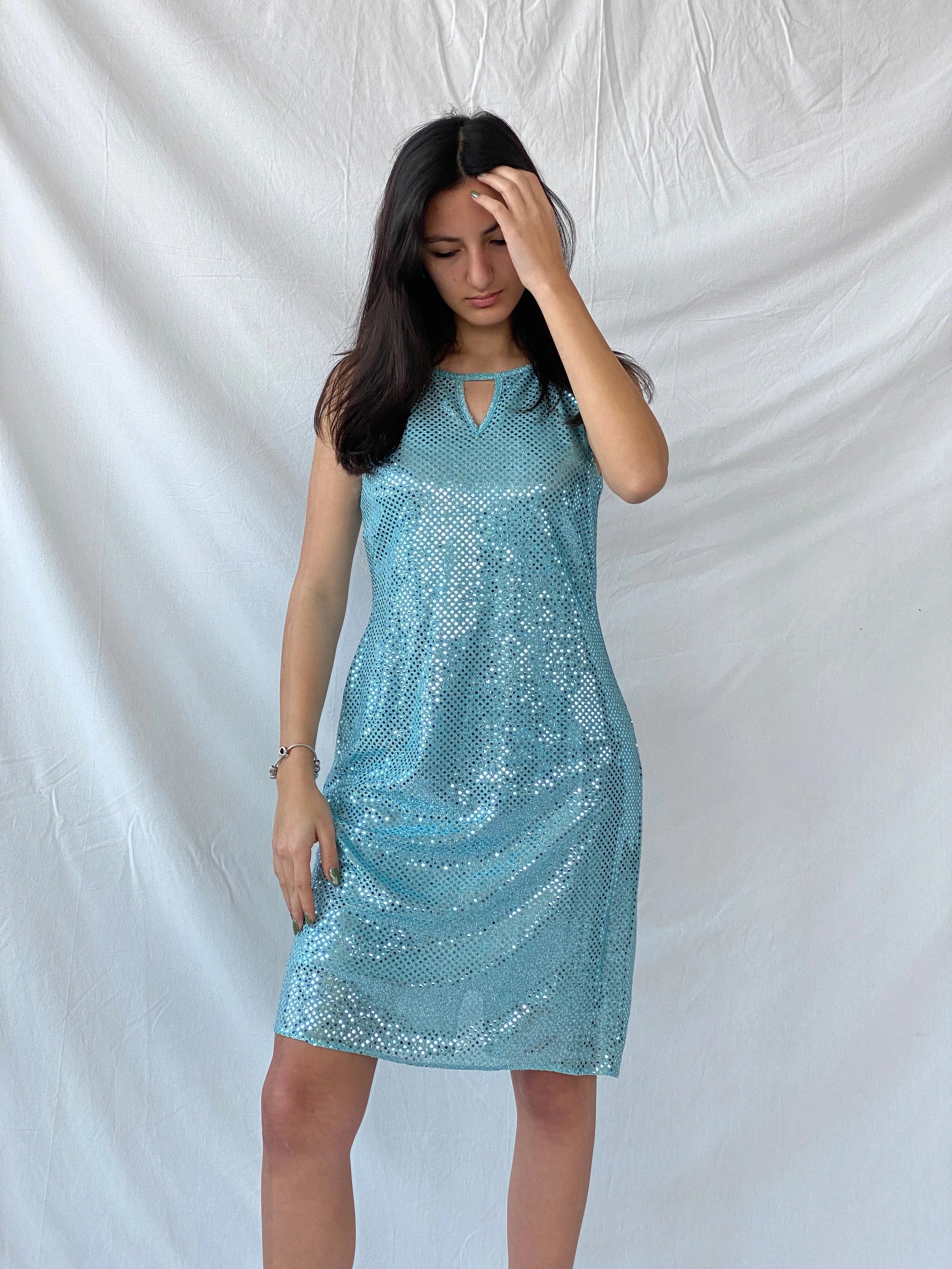 Y2K Yessica Metallic Teal Sequin A-Line Midi Dress - M - Balagan Vintage Midi Dress 00s dress, consignment, Dana, dress, midi dress, Syntia, vintage dress, Wedding Guest