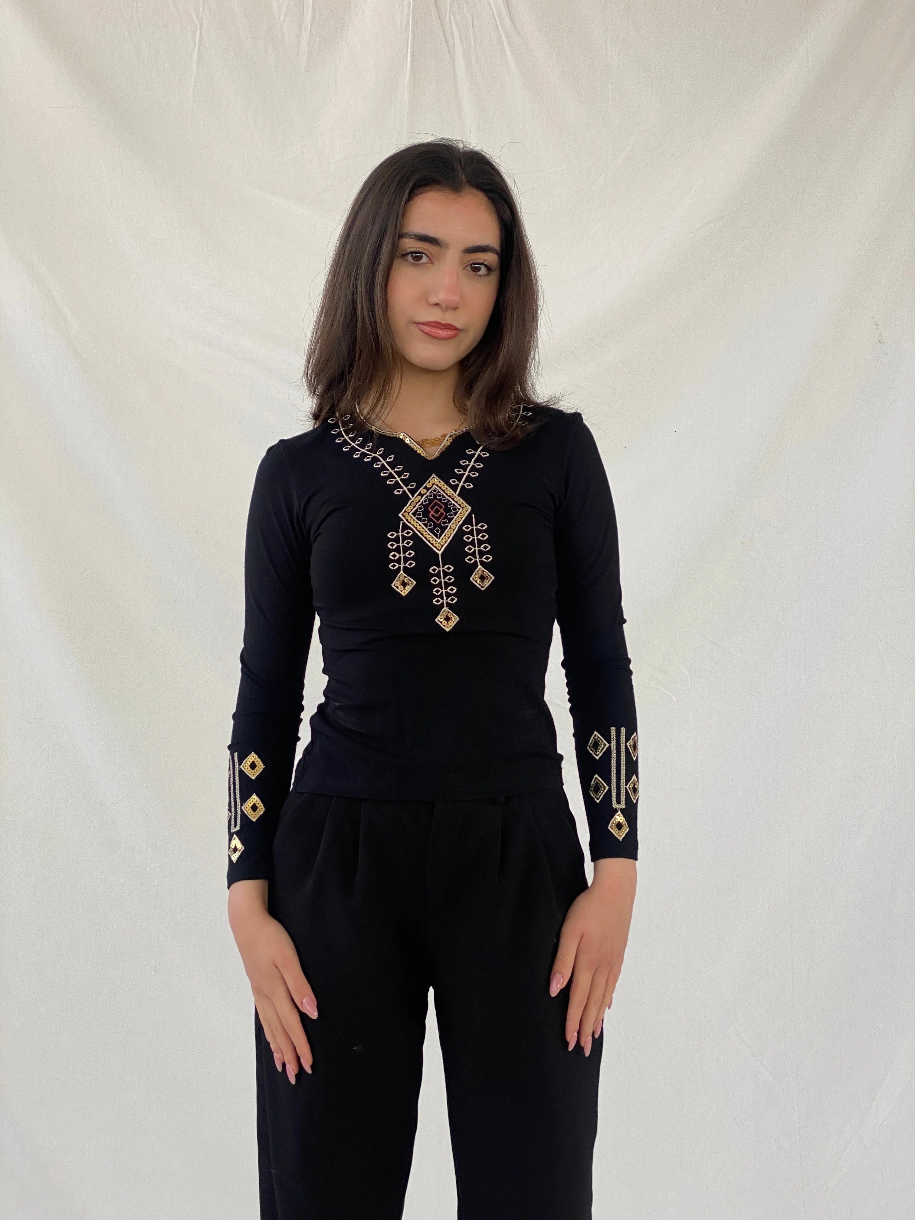 Y2K YRC Embellished Sequined Neck Black Long Sleeve Women’s Top - XS - Balagan Vintage Full Sleeve Top 00s, beaded, Christine, full sleeve top, women top