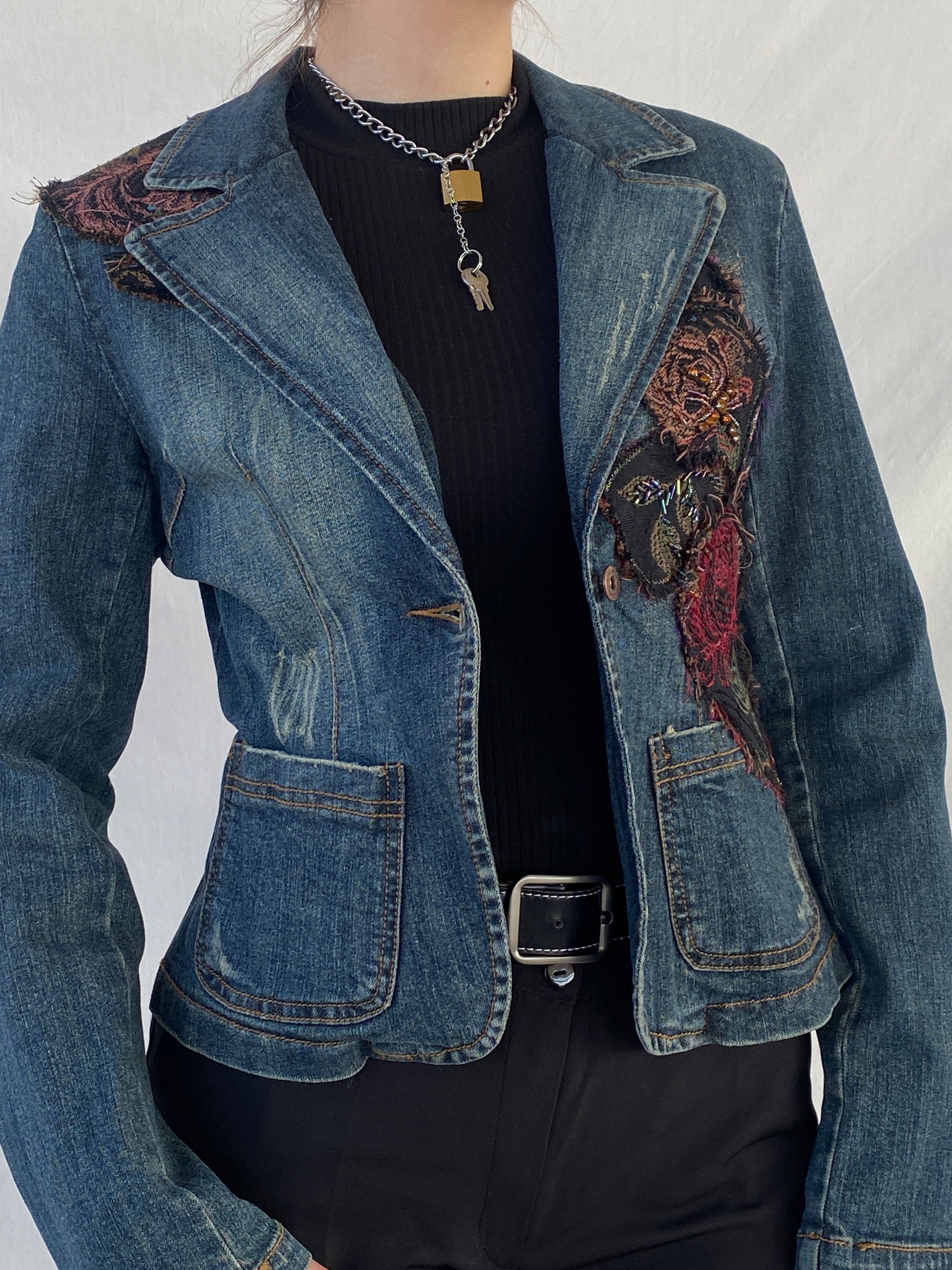 Y2K Zebra Jeans Flowers Patched Embellished Denim Blazer - M - Balagan Vintage Blazer 00s, Ayah, denim, denim jacket