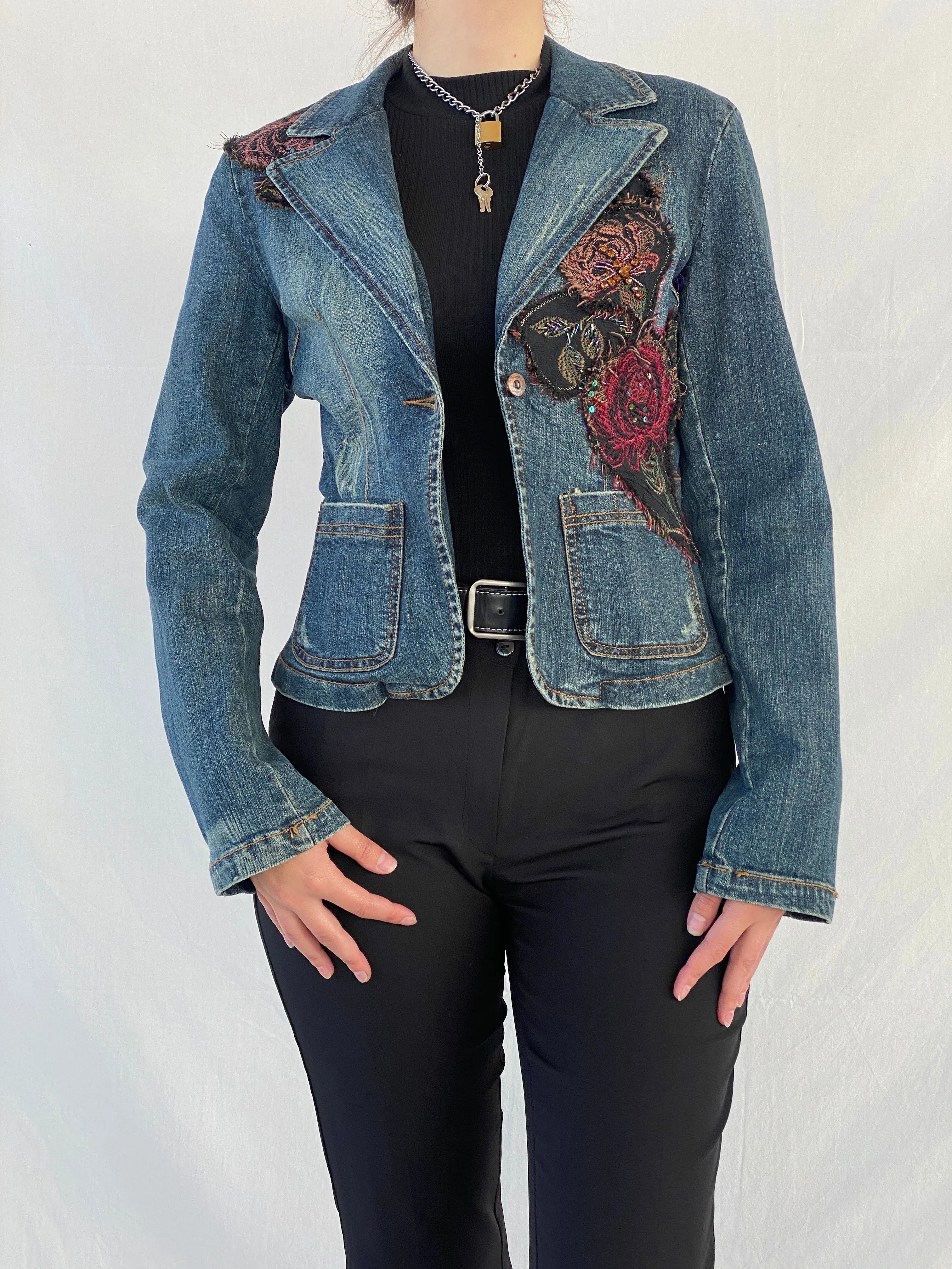 Y2K Zebra Jeans Flowers Patched Embellished Denim Blazer - M - Balagan Vintage Blazer 00s, Ayah, denim, denim jacket