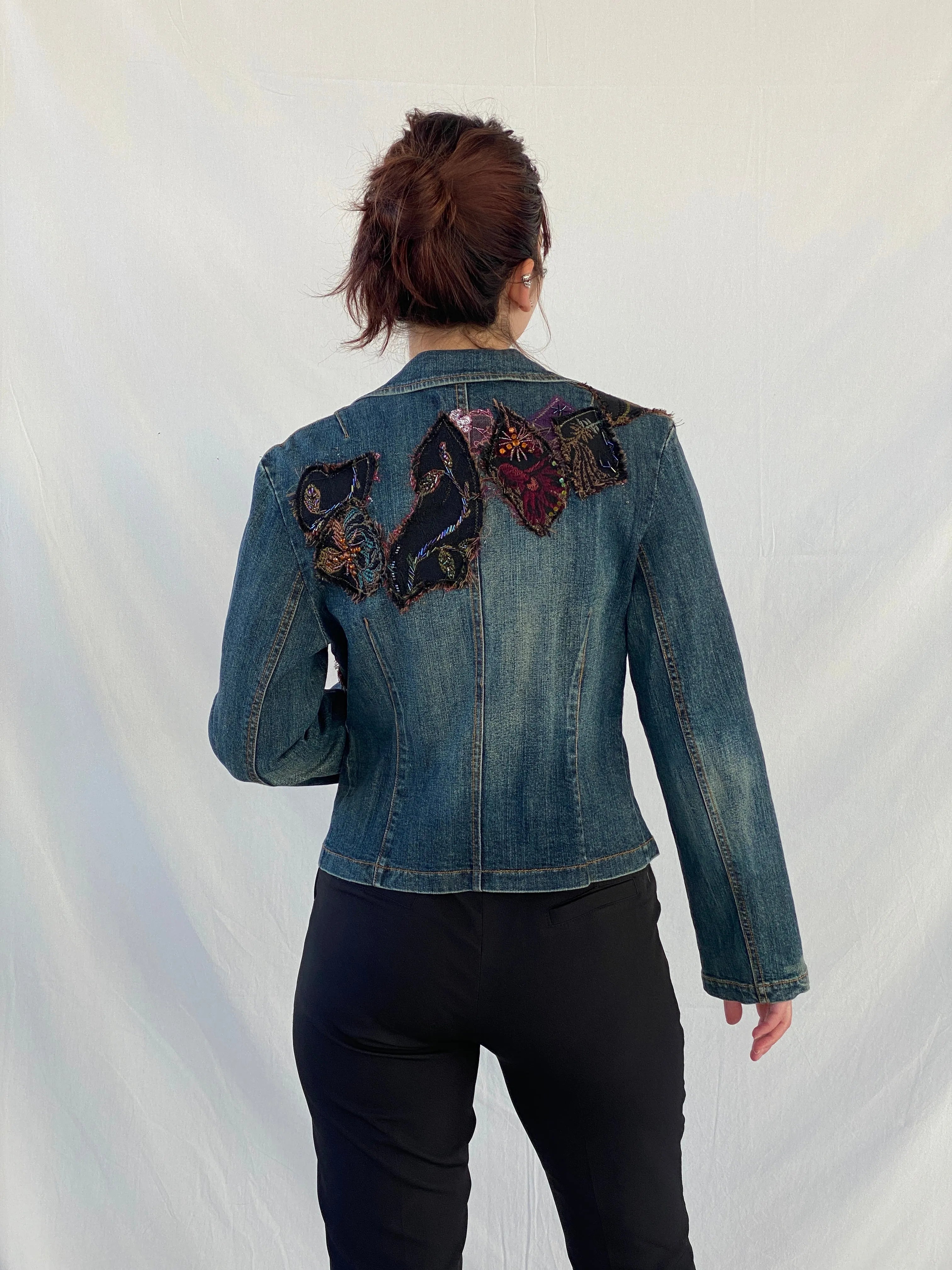 Y2K Zebra Jeans Flowers Patched Embellished Denim Blazer - M - Balagan Vintage Blazer 00s, Ayah, denim, denim jacket