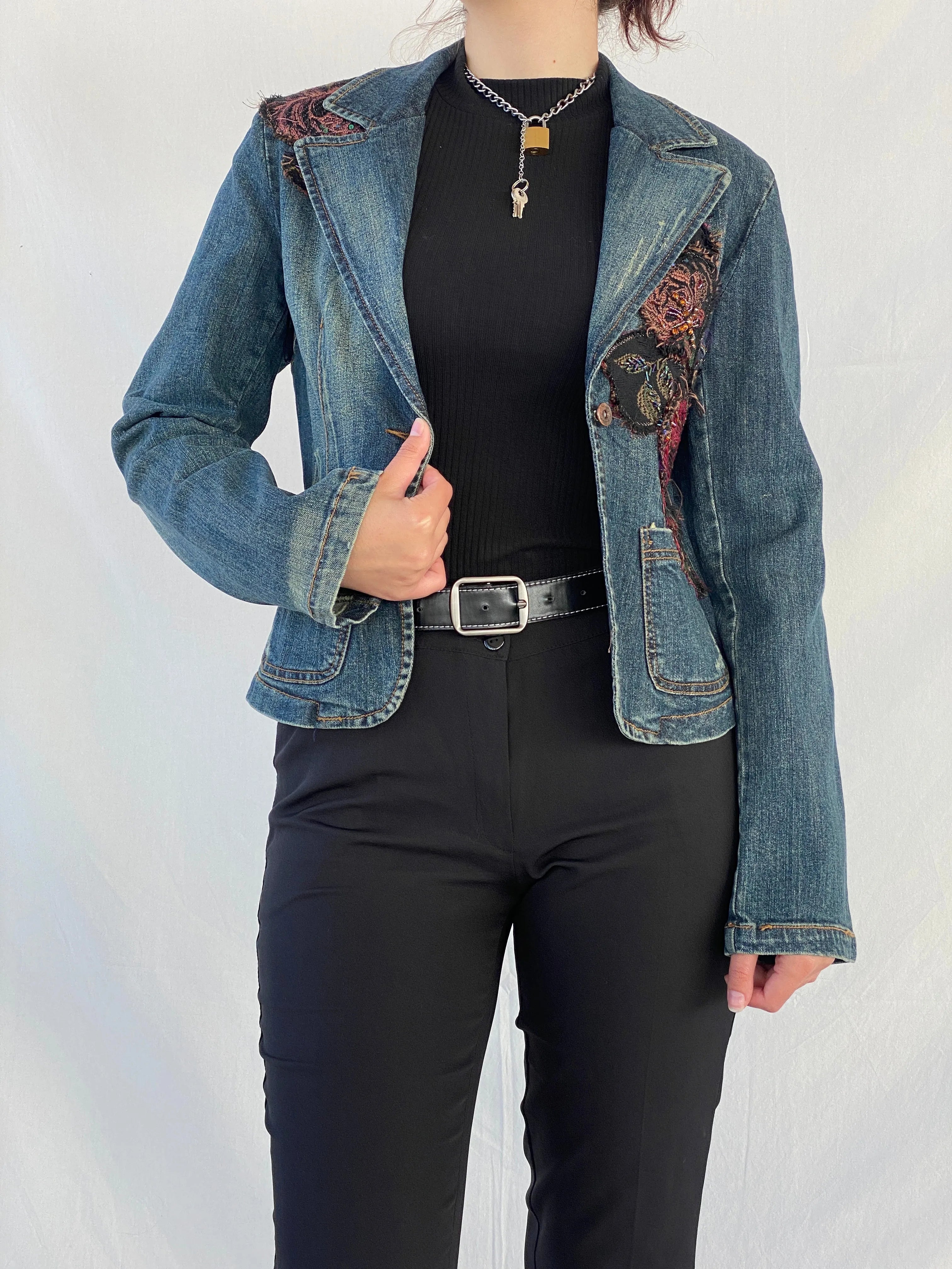Y2K Zebra Jeans Flowers Patched Embellished Denim Blazer - M - Balagan Vintage Blazer 00s, Ayah, Coats&Jackets, denim, denim jacket, Women's Blazers, Women's Denim Jackets