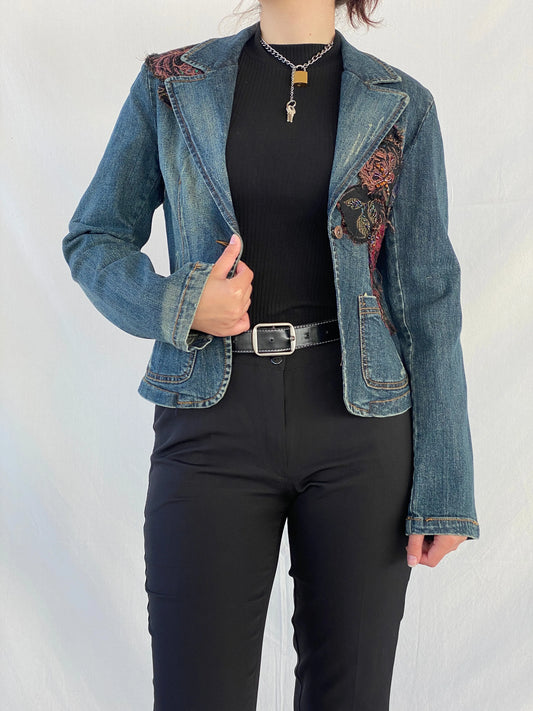 Y2K Zebra Jeans Flowers Patched Embellished Denim Blazer - M - Balagan Vintage Blazer 00s, Ayah, Coats&Jackets, denim, denim jacket, Women's Blazers, Women's Denim Jackets