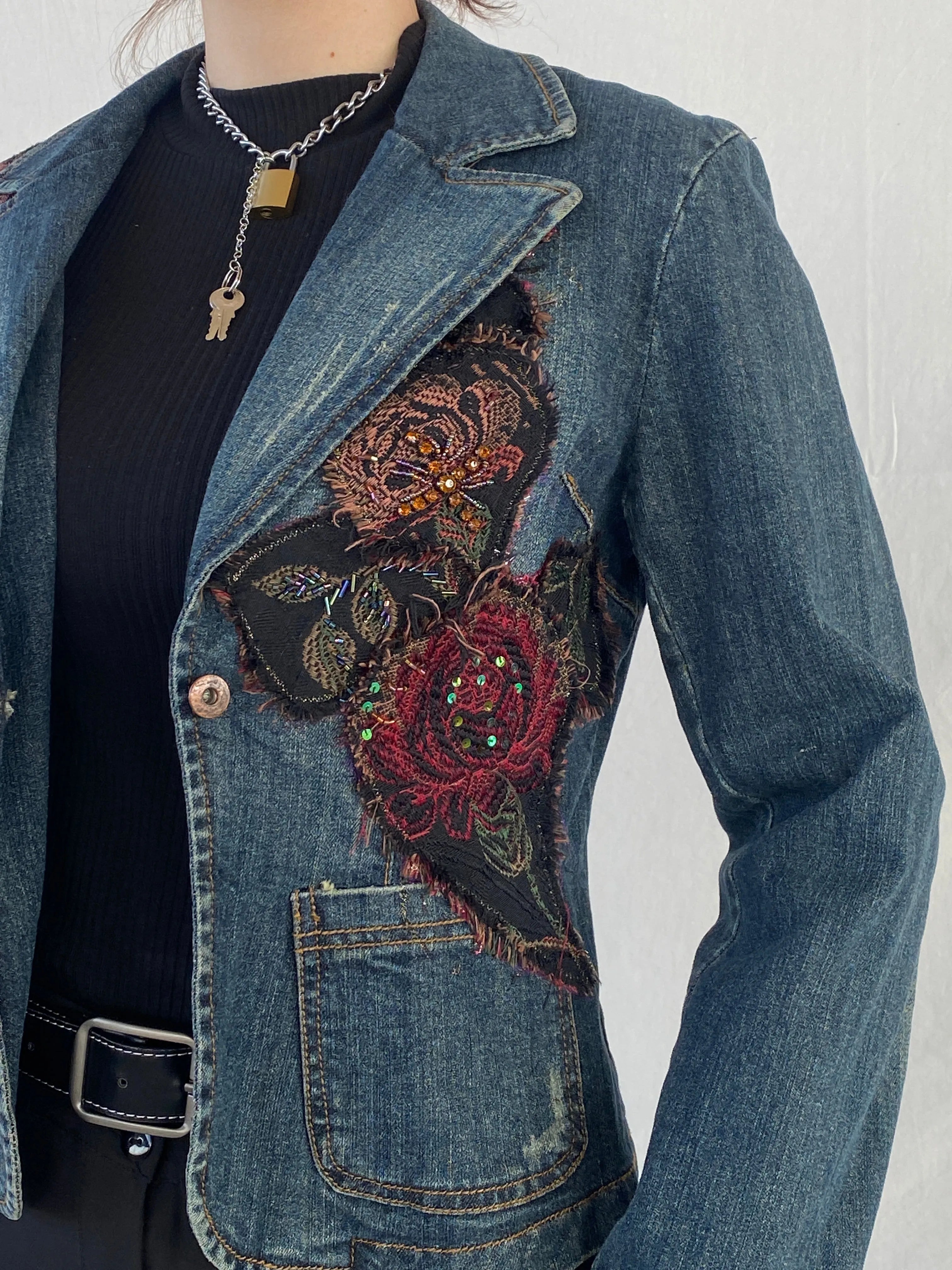 Y2K Zebra Jeans Flowers Patched Embellished Denim Blazer - M - Balagan Vintage Blazer 00s, Ayah, denim, denim jacket