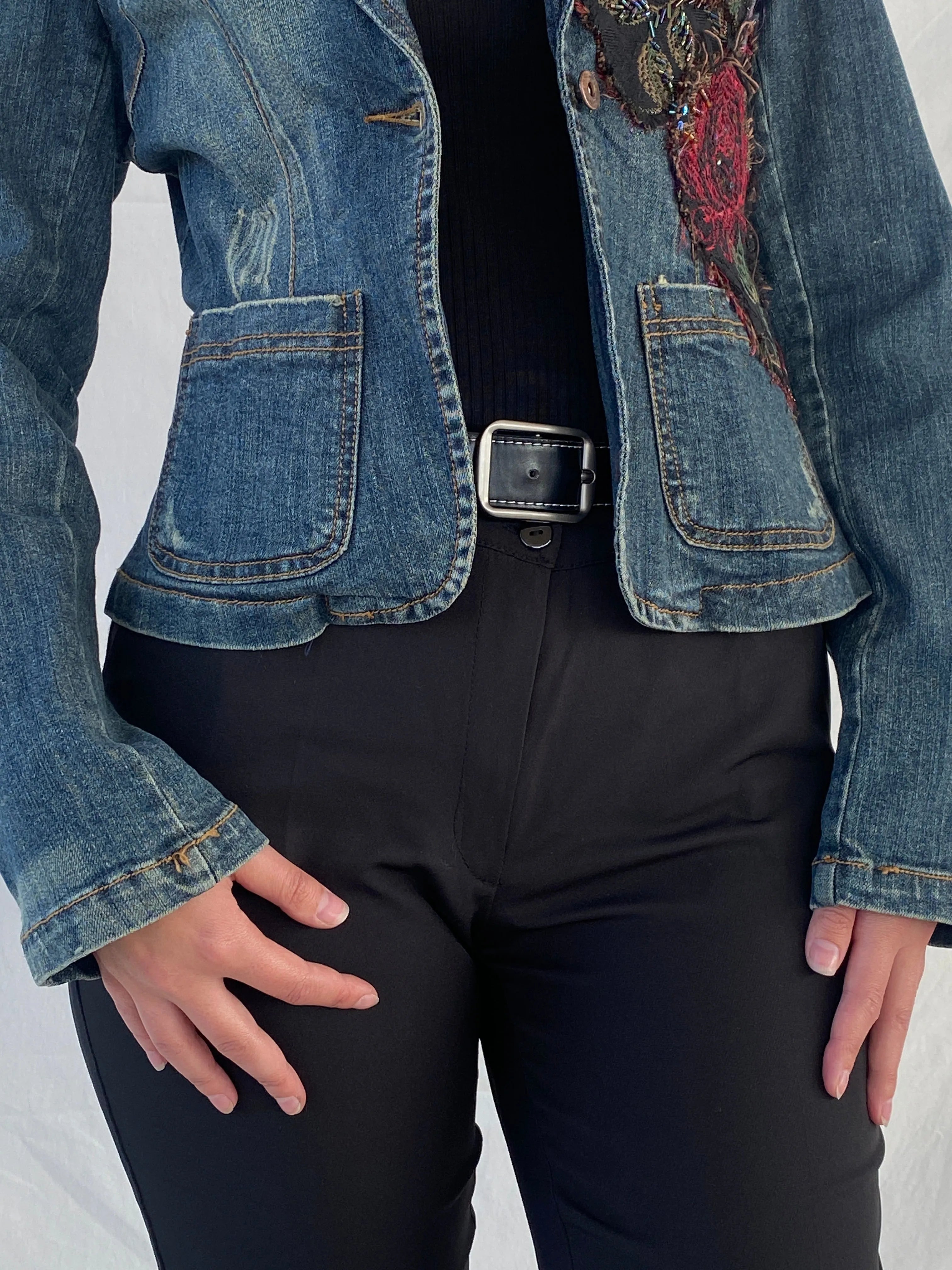 Y2K Zebra Jeans Flowers Patched Embellished Denim Blazer - M - Balagan Vintage Blazer 00s, Ayah, denim, denim jacket