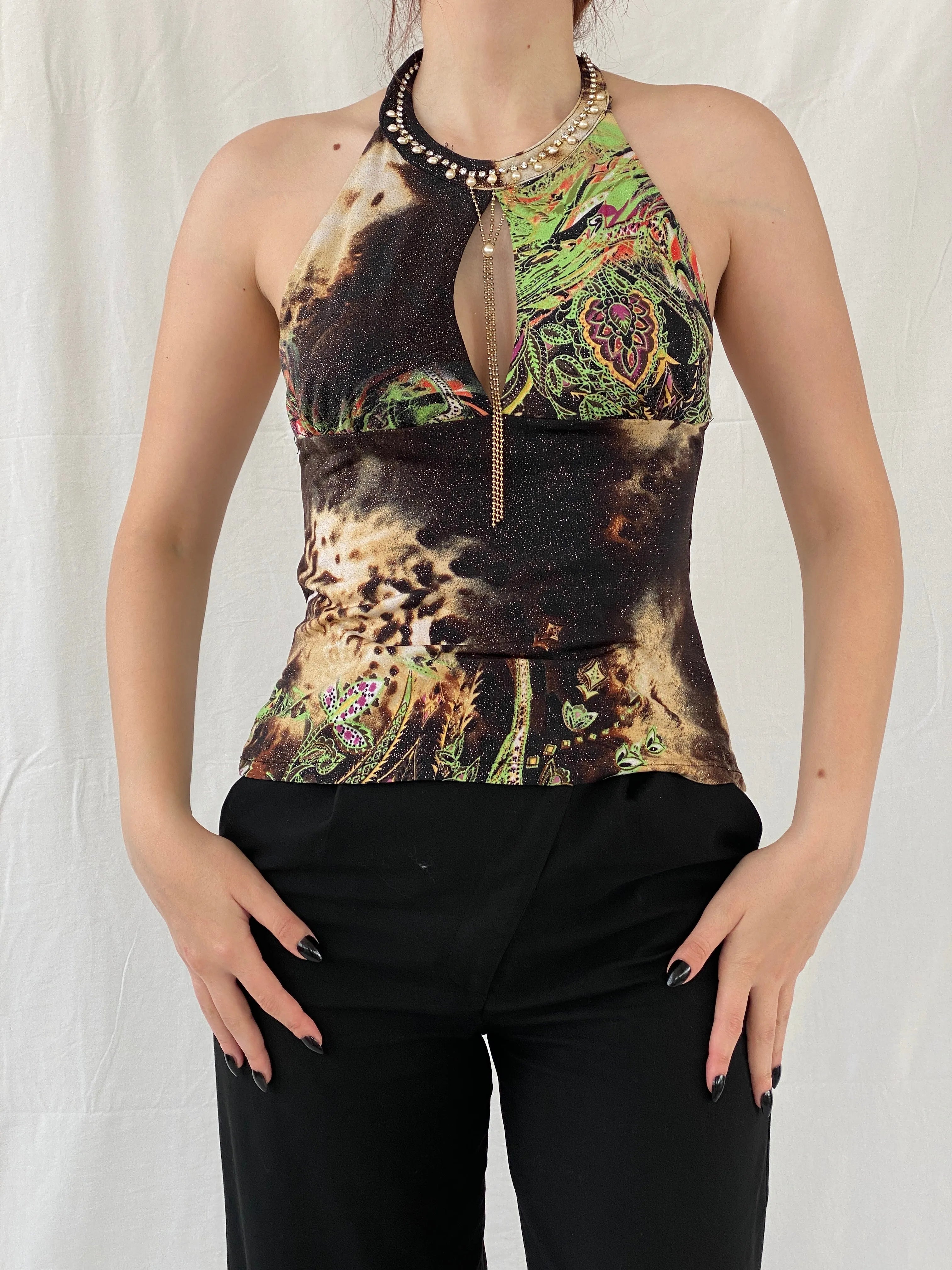 Y2K Zizi Shimmery Paisley Print Embellished Party Halter Top - M - Balagan Vintage Halter Top 00s, Ayah, halter top, Top, women top