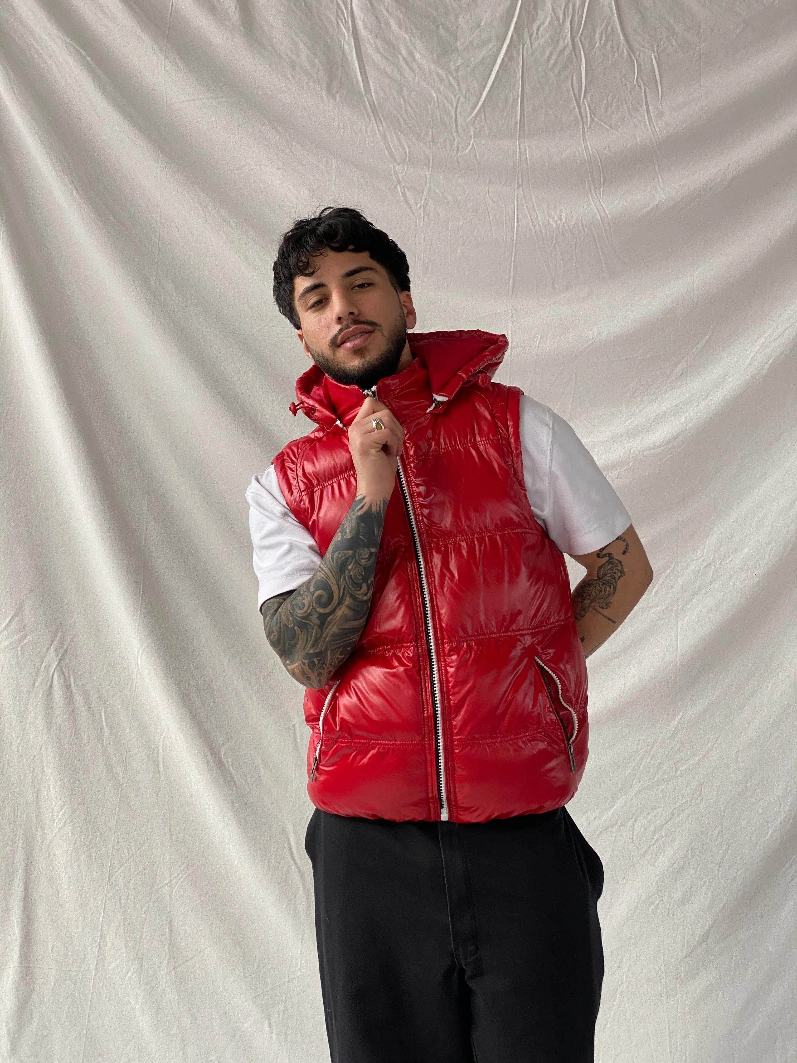 Young & Rich Padded Sleeveless Hooded Puffer Red Vest - M - Balagan Vintage Vest 00s, consignment, Hamza, men, streetwear, vest, winter