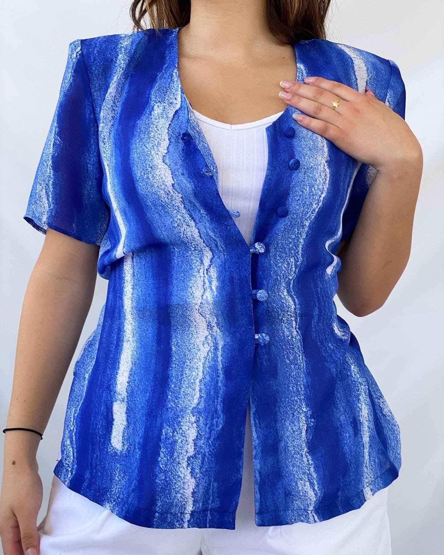 Vintage CANDA Sheer Blue Shirt - Balagan Vintage Half Sleeve Shirt 00s, 90s, festival wear, groovy shirt, sheer shirt, shirt, shirts, streetwear, vintage, vintage prints, women shirt