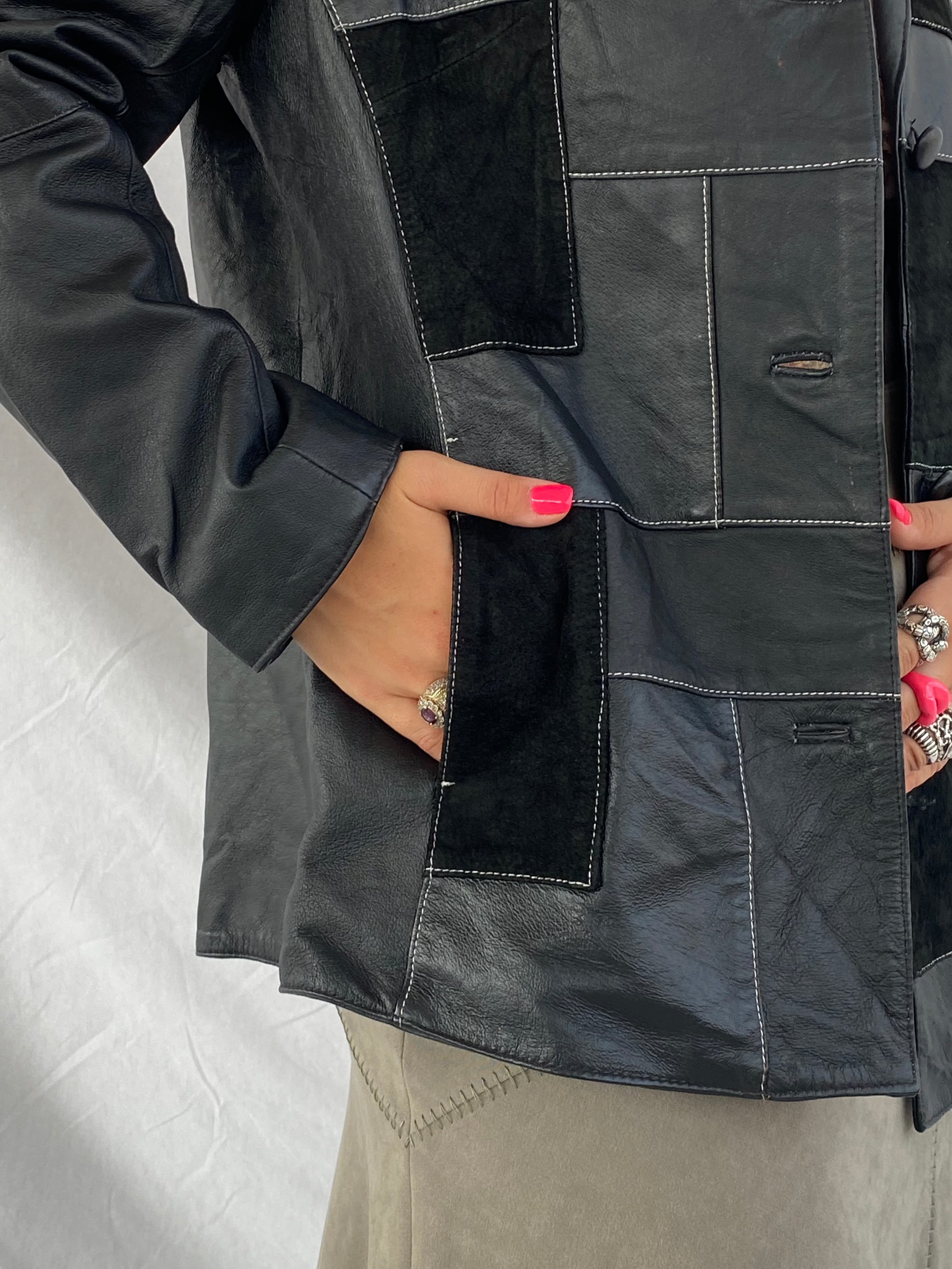 Vintage Patch Work Genuine Leather Jacket - Balagan Vintage Leather Jacket 00s, 90s, black leather, genuine leather, genuine leather jacket, leather, leather jacket, outerwear, vintage, vintage jacket, winter, women
