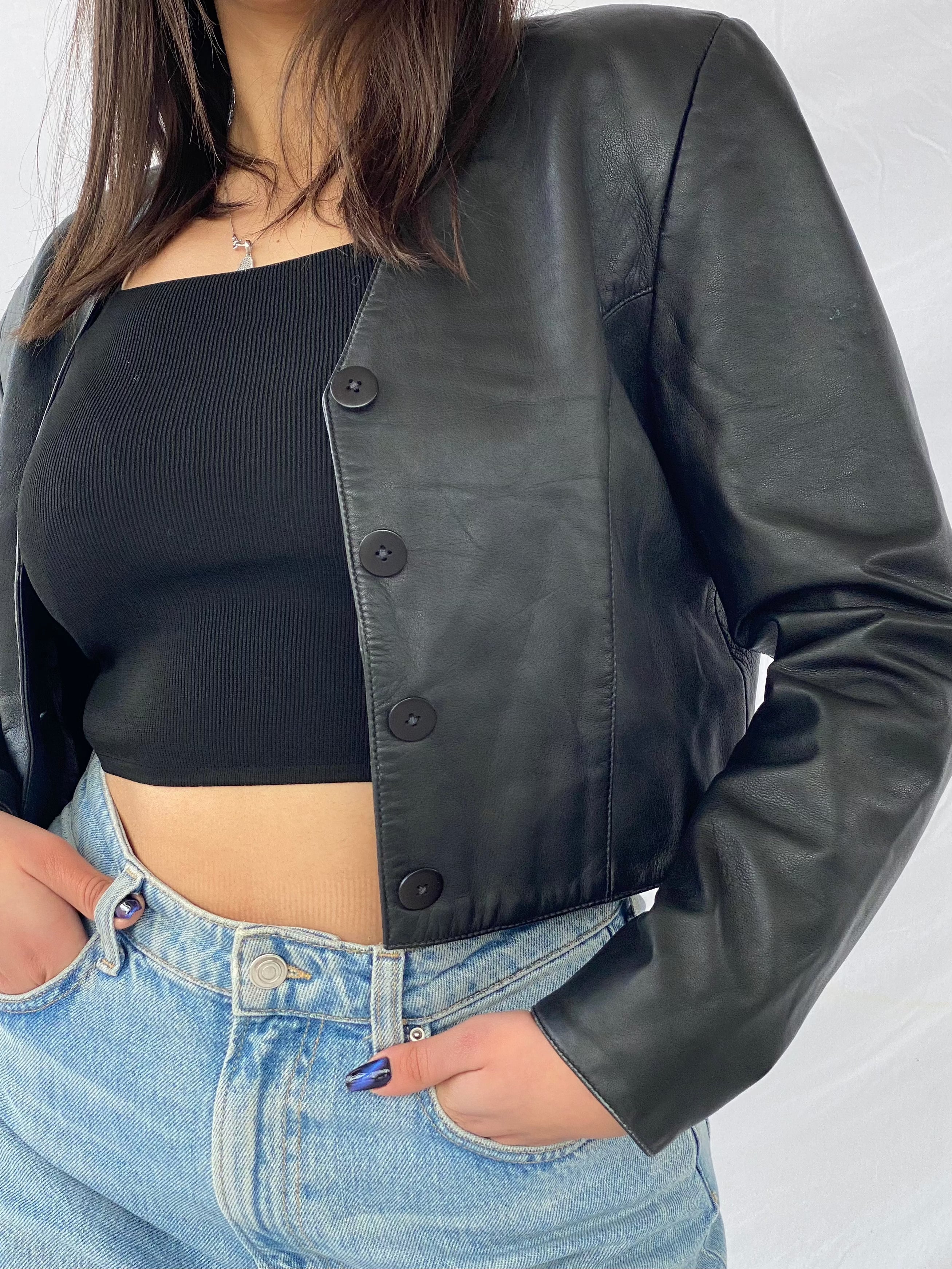 Vintage Cropped Leather Jacket - Balagan Vintage Leather Jacket 90s, black leather, genuine leather, genuine leather jacket, leather, leather jacket