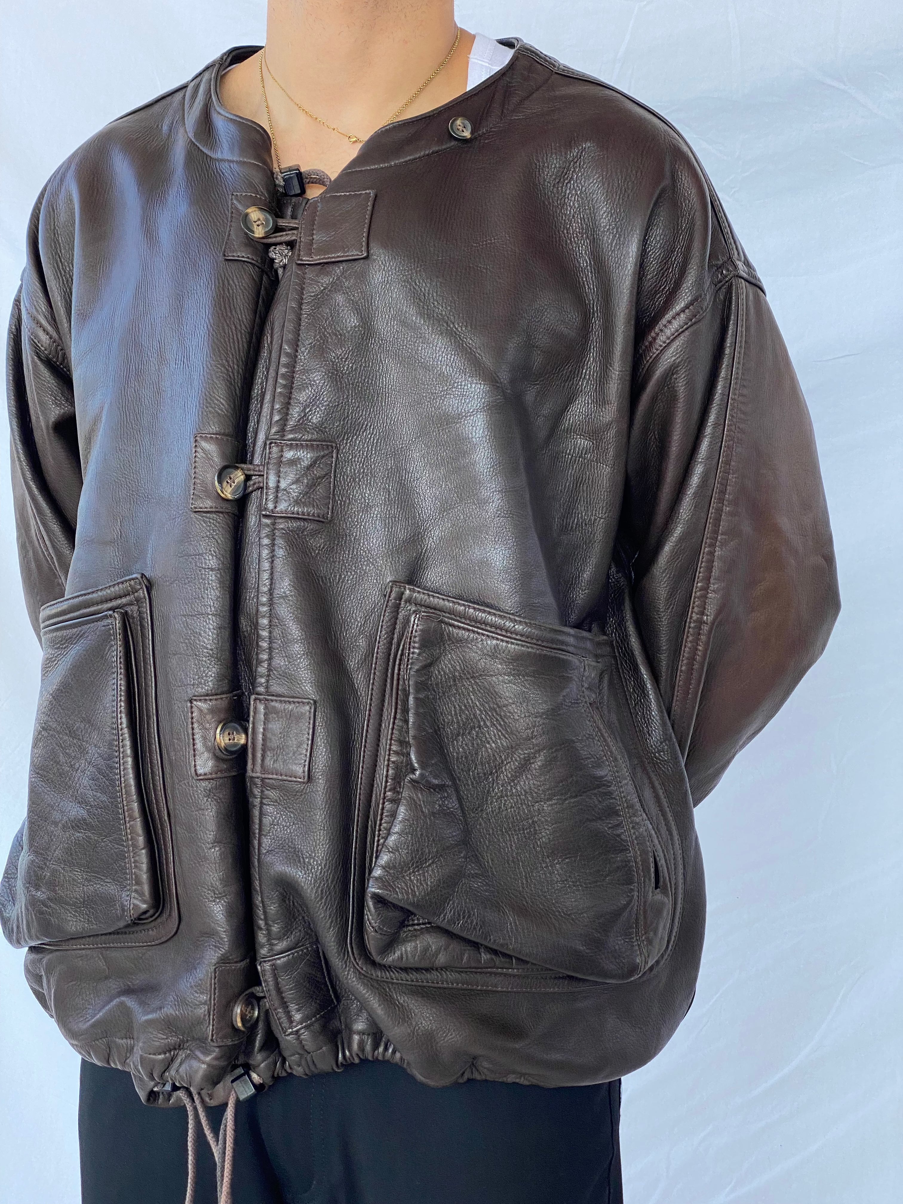 Vintage Mountains and Forests Designer Genuine Leather Jacket - Balagan Vintage Leather Jacket 90s, brown leather, genuine leather, genuine leather jacket, leather, leather jacket, outerwear, vintage