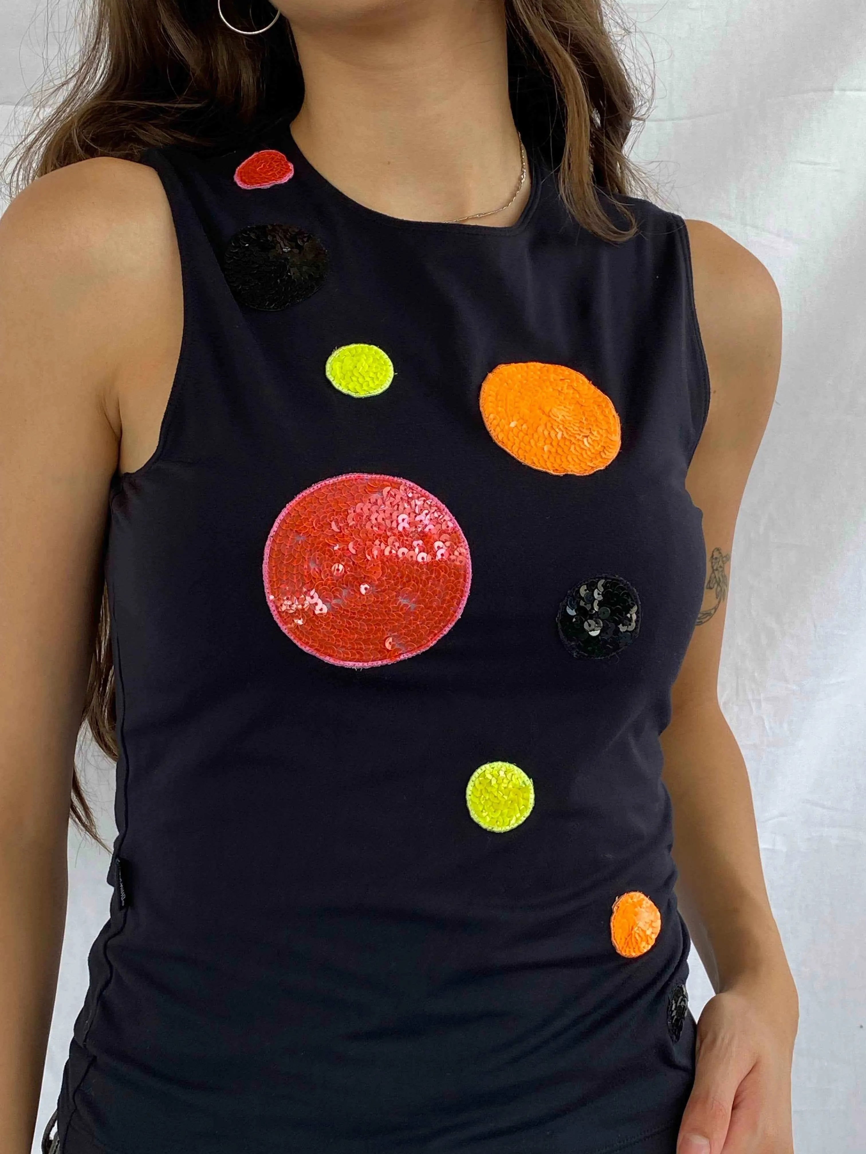 Moschino Jeans Black Sequined Top - Balagan Vintage Sleeveless Top 00s, 90s, graphic top, moschino, moschino jeans, outerwear, rare find, rare vintage, streetwear, summer, techno, techno wear, Top, vintage, women, women top, Y2K