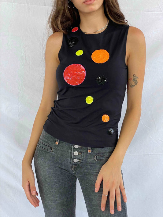 Moschino Jeans Black Sequined Top - Balagan Vintage Sleeveless Top 00s, 90s, graphic top, moschino, moschino jeans, outerwear, rare find, rare vintage, streetwear, summer, techno, techno wear, Top, vintage, women, women top, Y2K