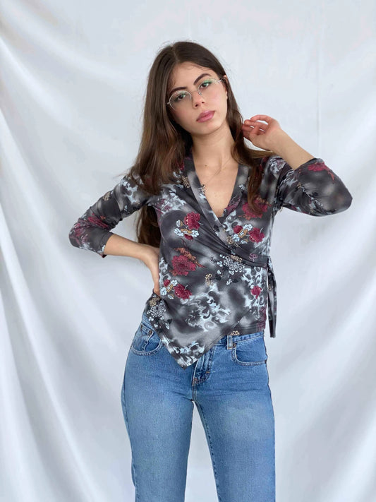 Vintage LA CITY Wrap Top - Balagan Vintage Wrap Top 00s, 90s, Deals, floral print, Top, women, women shirt, women top, wrap, wrap blouse, wrap top, Y2K
