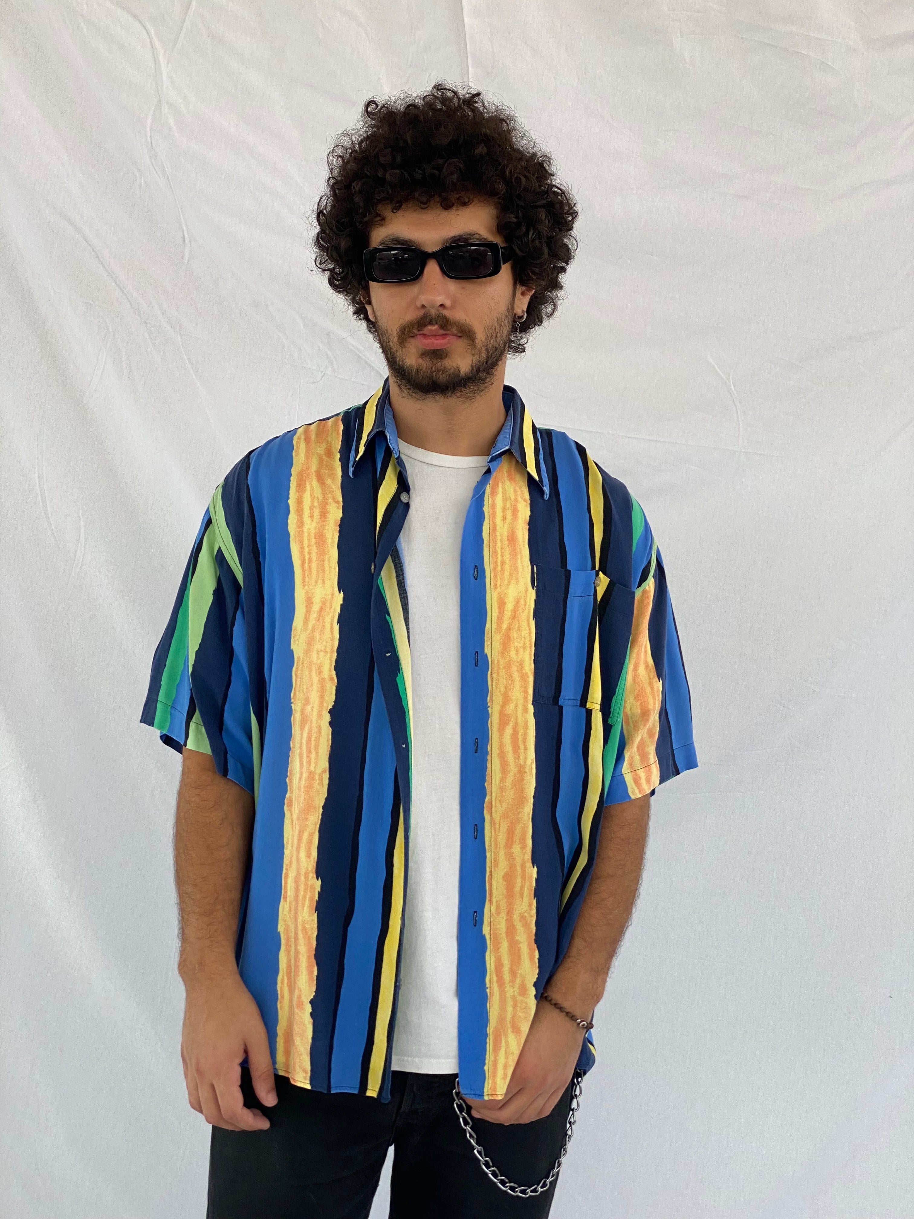 Vintage MAYNE Striped Shirt - Balagan Vintage Half Sleeve Shirt 00s, 90s, cotton shirt, crazy print, Deals, festival wear, half sleeve shirt, men, mens shirt, prints, sheer shirt, shirt, shirts, streetwear, striped shirt, stripes, summer, summer prints, techno, techno wear, unisex, unisex shirts, vintage, women, women shirt, women top, Y2K