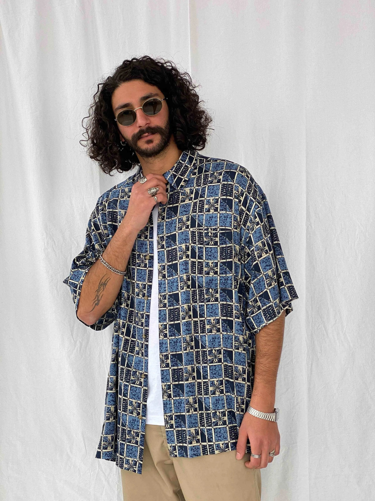 puritan dress shirts Vintage Printed Shirt Embrace sophistication with their BLOUSE Halter Maxi Dress in Size Up For This Designer:6X/7