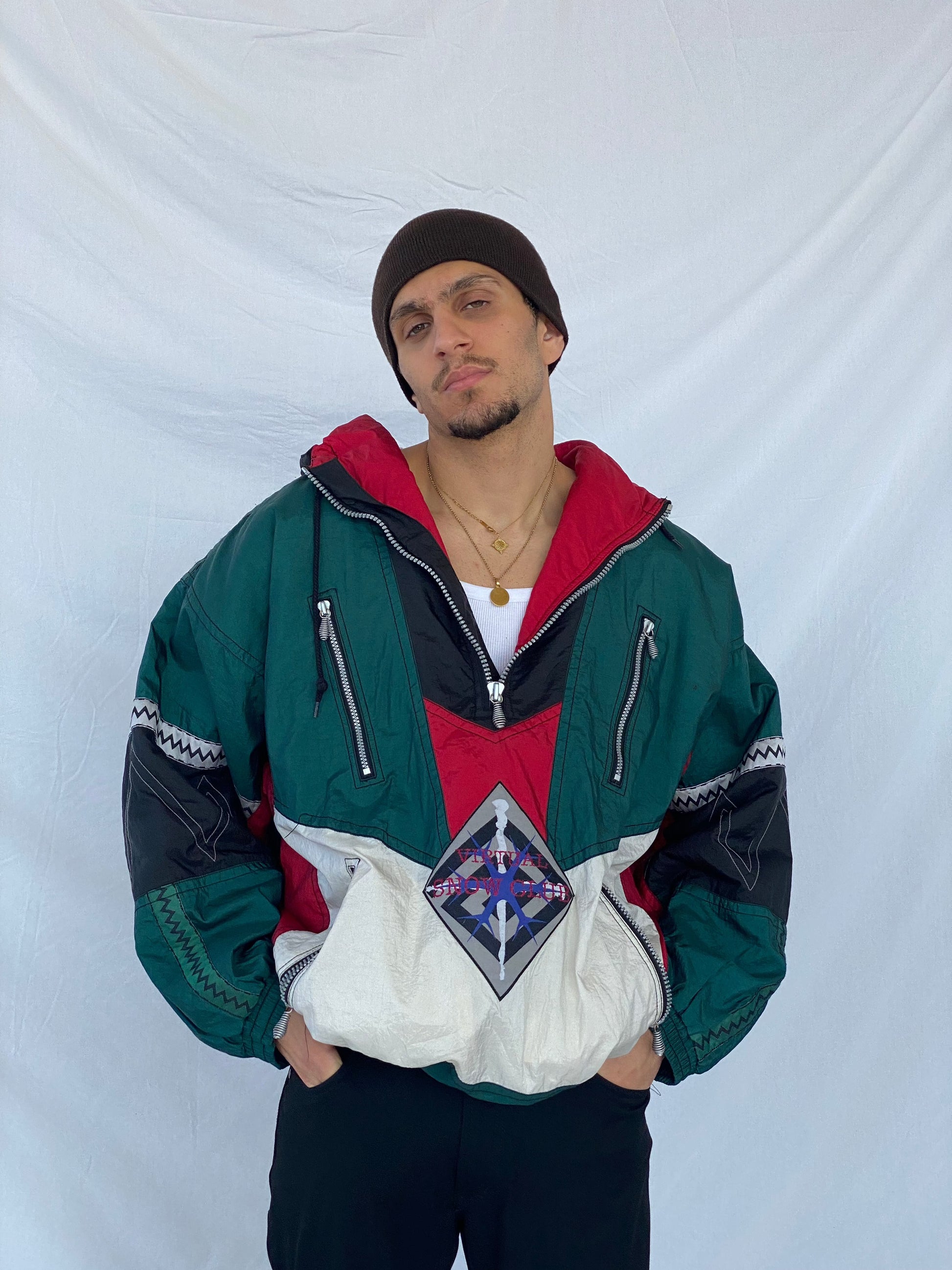 Vintage Virtual Snow Club Windbreaker Puffer Sweater - Balagan Vintage Windbreaker Sweater 90s, men, nylon, outerwear, oversized, oversized sweater, vintage