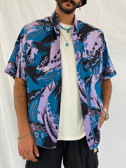 Vintage Wrangler Printed Shirt - Balagan Vintage Half Sleeve Shirt 00s, 90s, crazy print, Deals, festival wear, geometric print, graphic, graphic top, groovy shirt, half sleeve shirt, men, mens shirt, outerwear, oversized, oversized shirt, printed shirt, shirt, shirts, summer, summer prints, techno, techno wear, unisex, unisex shirts, women, women shirt, wrangler, wrangler shirt, Y2K