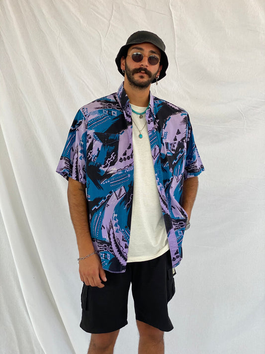 Vintage Wrangler Printed Shirt - Balagan Vintage Half Sleeve Shirt 00s, 90s, crazy print, Deals, festival wear, geometric print, graphic, graphic top, groovy shirt, half sleeve shirt, men, mens shirt, outerwear, oversized, oversized shirt, printed shirt, shirt, shirts, summer, summer prints, techno, techno wear, unisex, unisex shirts, women, women shirt, wrangler, wrangler shirt, Y2K