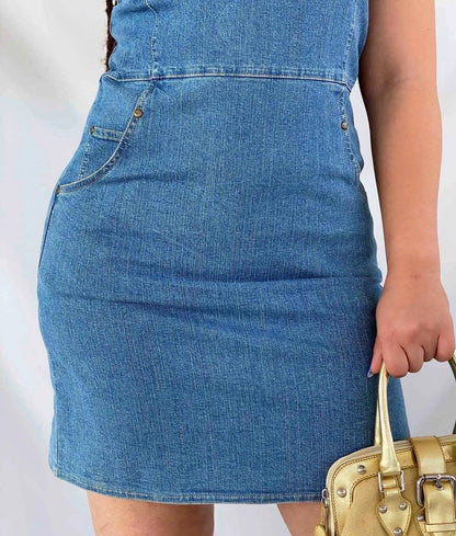 Vintage Y2K Sam Denim Dress - Balagan Vintage Denim Dress 00s, 00s dress, 90s, 90s dress, cotton, Deals, denim, denimdress, festival wear, midi dress, outerwear, streetwear, summer, techno, techno wear, vintage dress, women, women jeans, Y2K, Y2K dress
